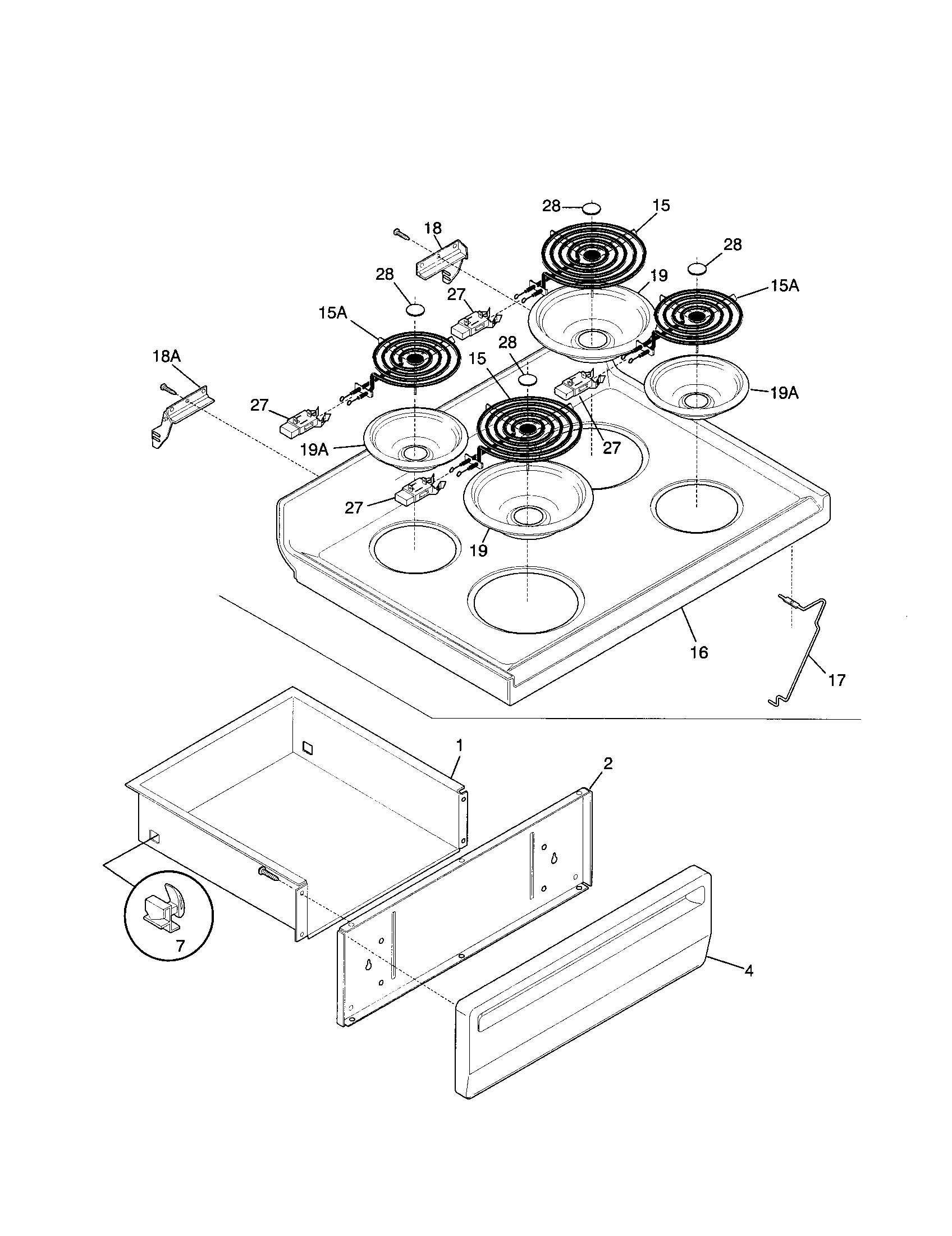 Frigidaire FEF305PHDA top/drawer diagram