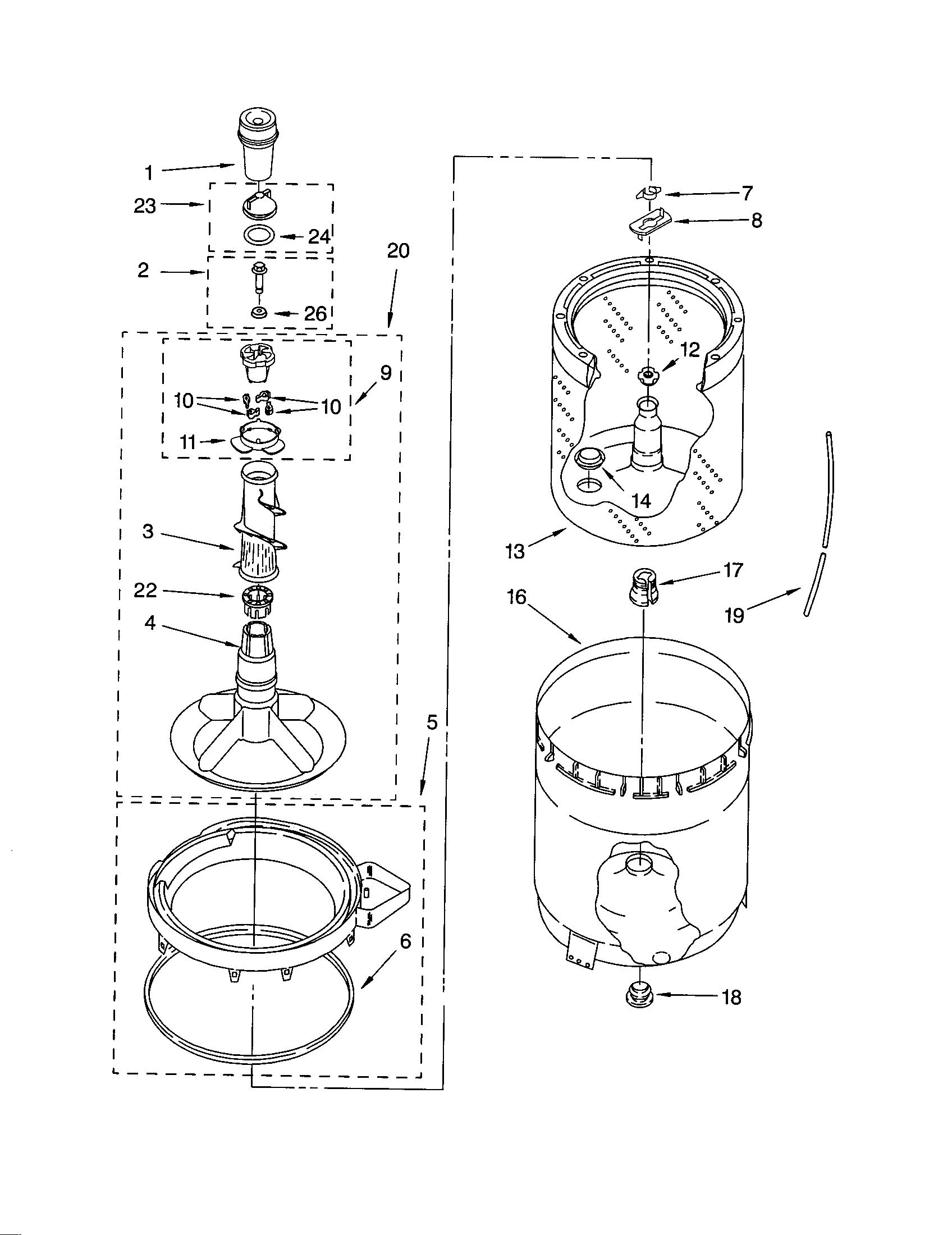 Whirlpool 7MLSC9545JQ2 agitator, basket and tub diagram