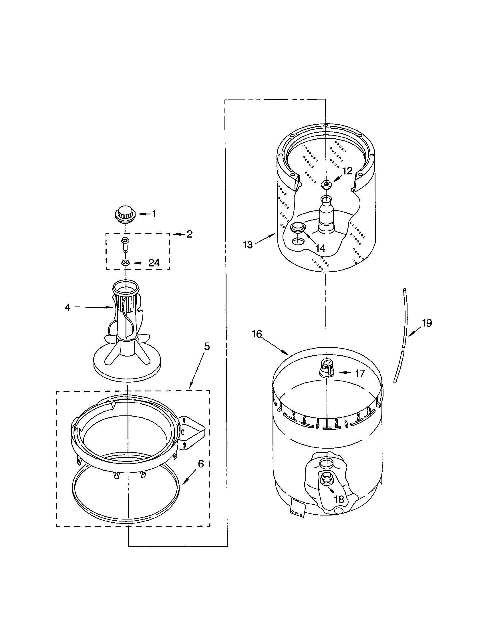 Whirlpool 7MLSR6232JQ1 agitator, basket and tub diagram