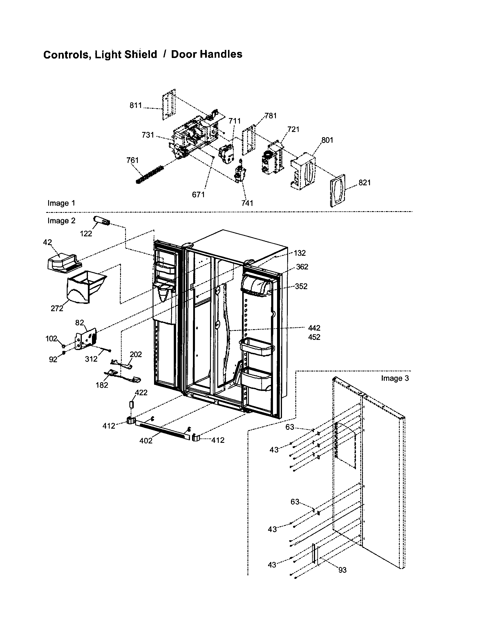 Amana ARS266RBB-PARS266RBB0 controls, light shield/door handles diagram