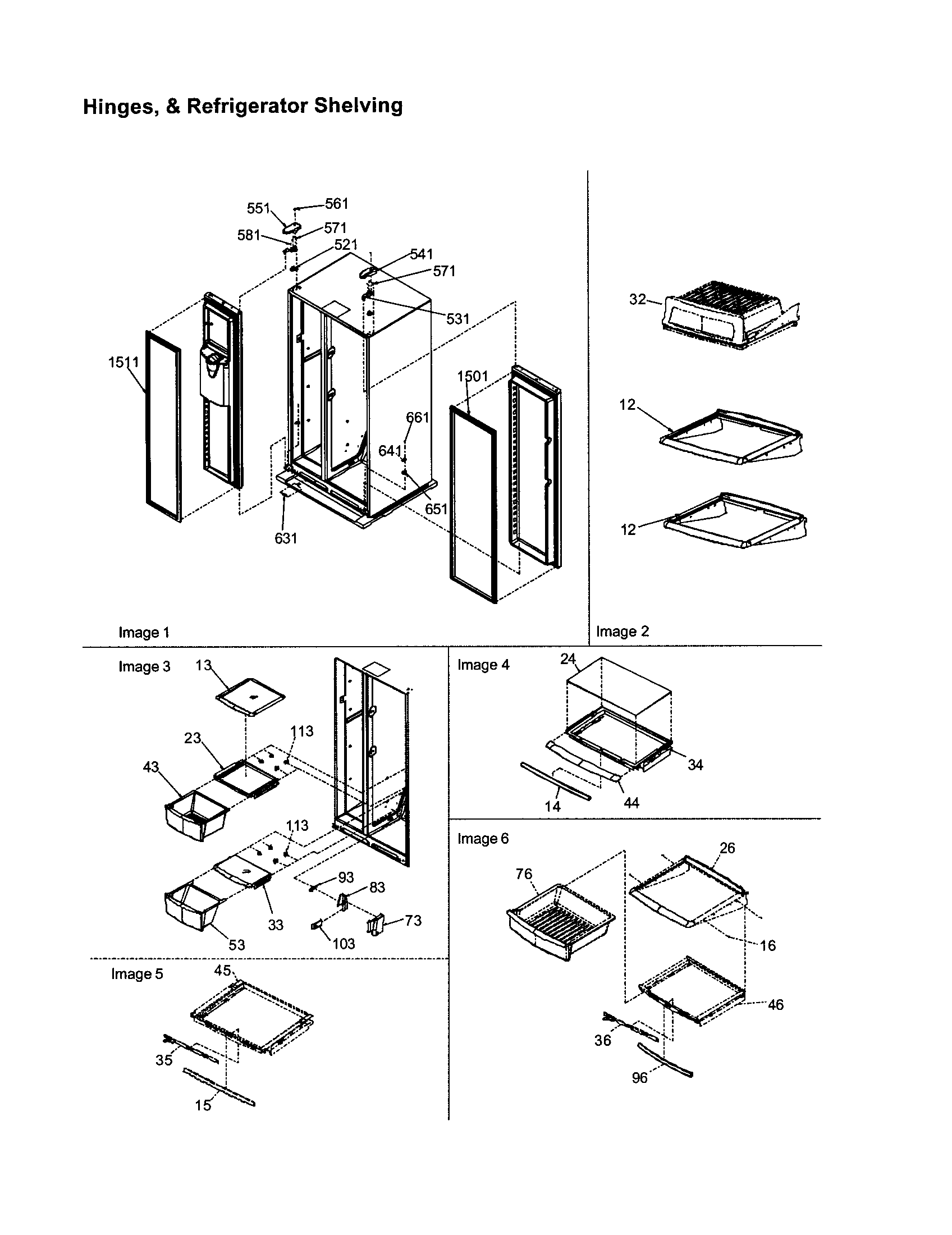 Amana ARS266RBB-PARS266RBB0 hinges and refrigerator shelving diagram