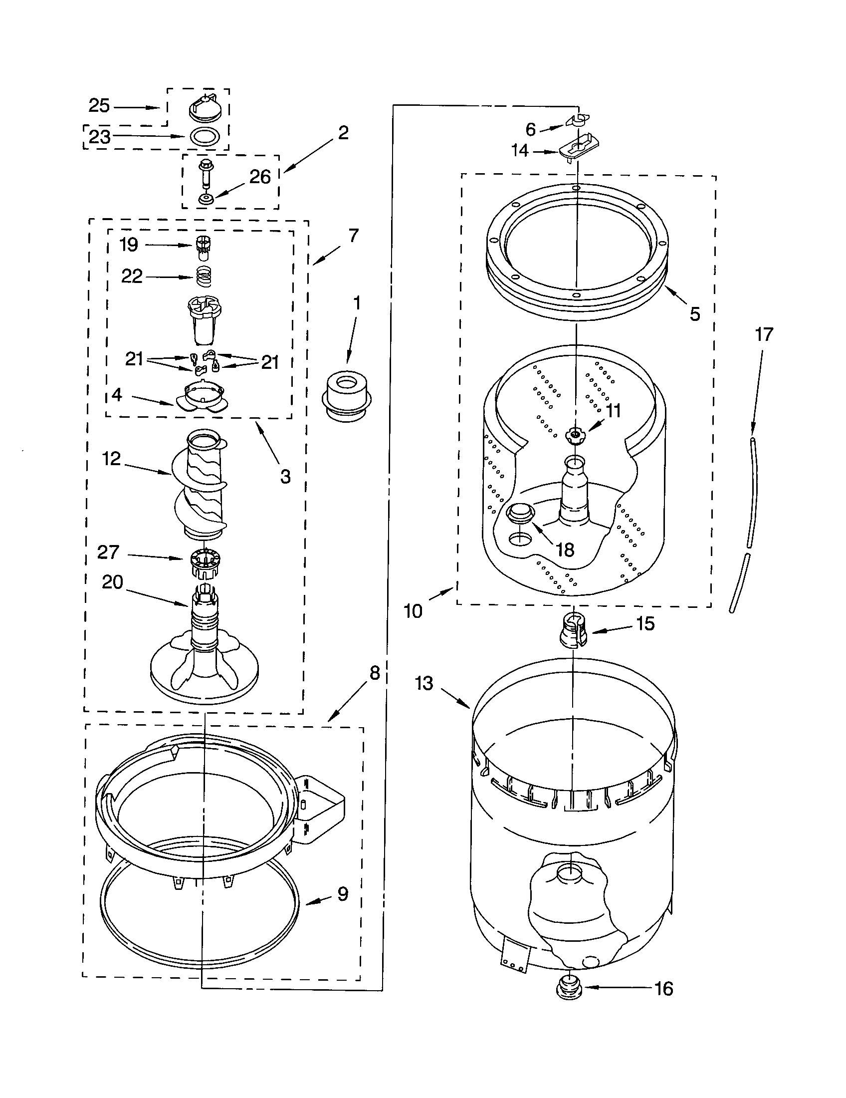 Kenmore Elite 11023022100 agitator, basket and tub diagram