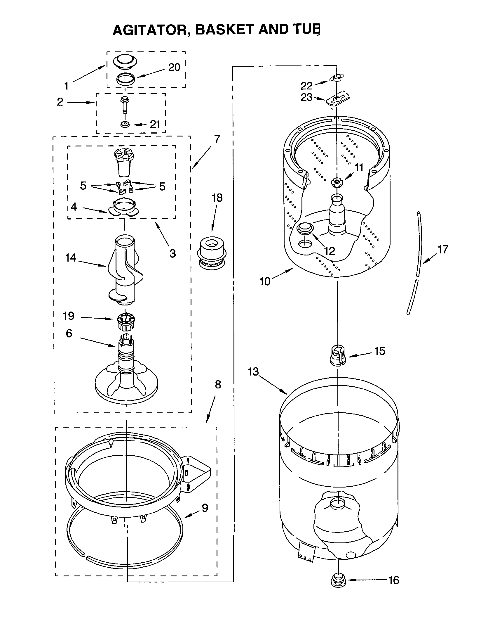 Kenmore 11023732200 agitator, basket and tub diagram