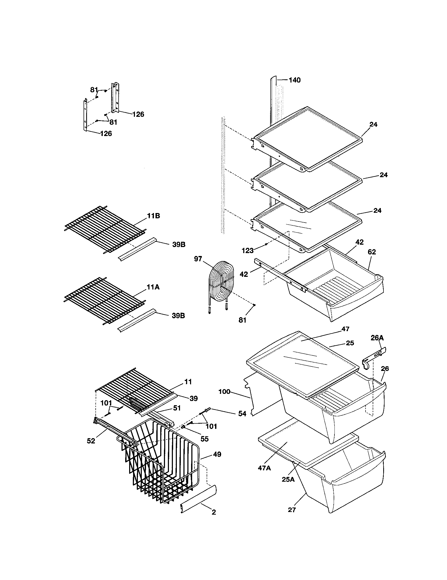 Frigidaire FRS23R4AW3 shelves diagram