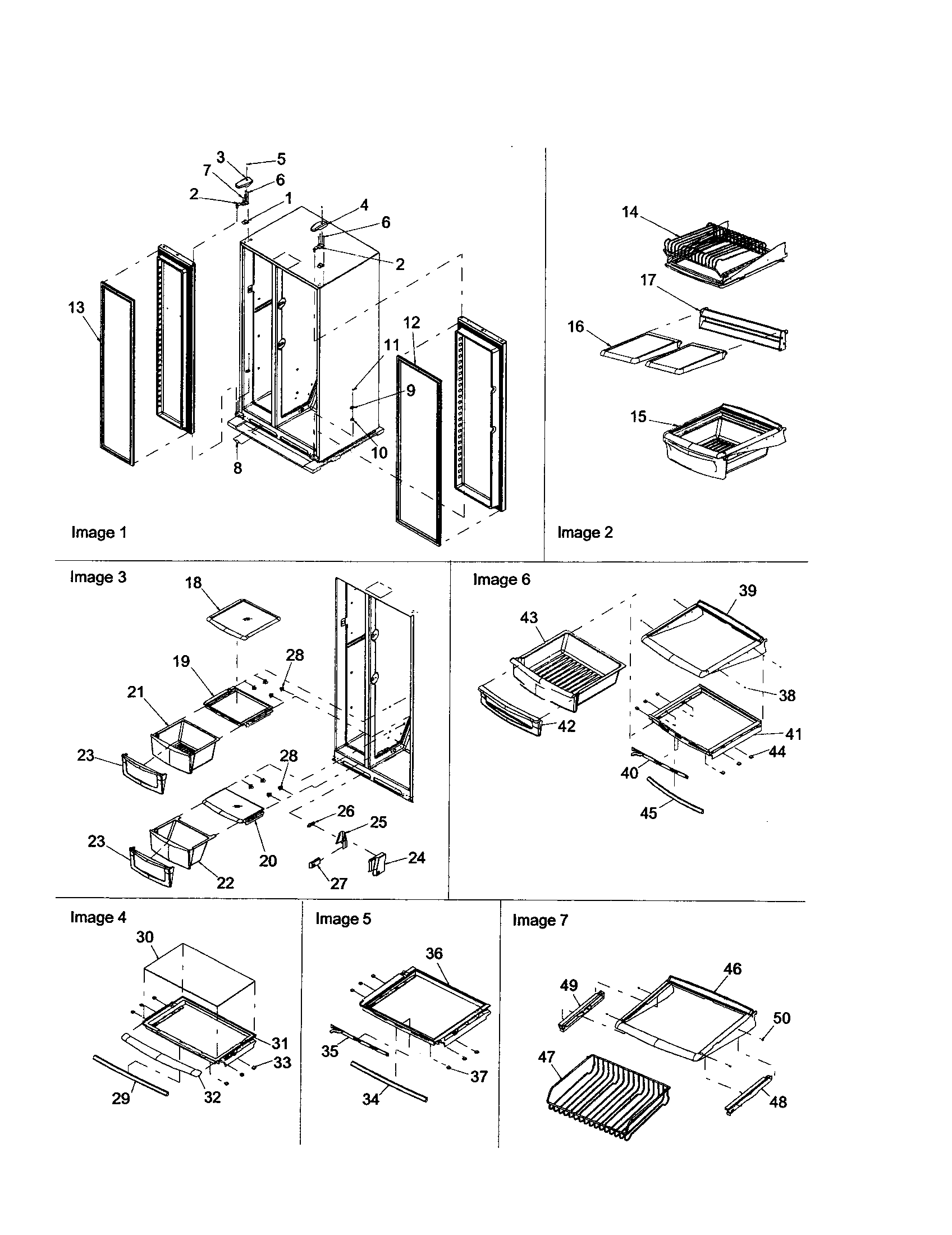 Amana ARS2667BB-PARS2667BB0 hinges and refrigerator shelving diagram