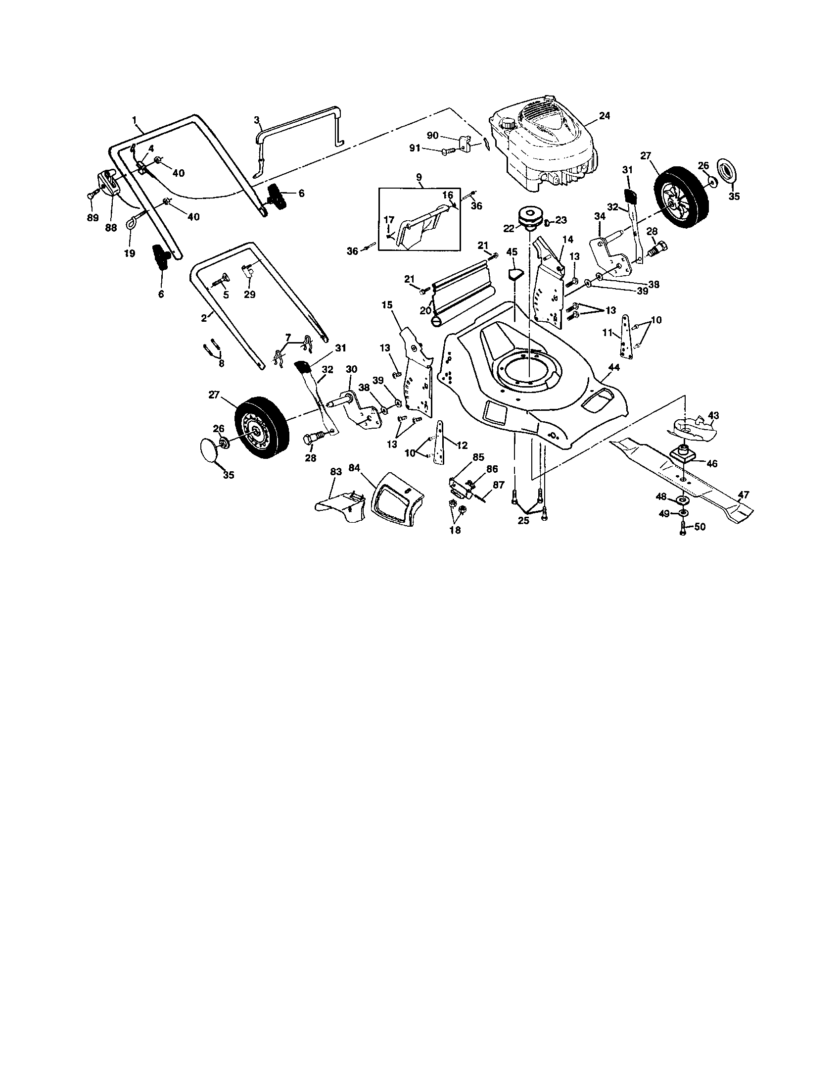 Poulan PR65Y21MA engine/handle/housing diagram