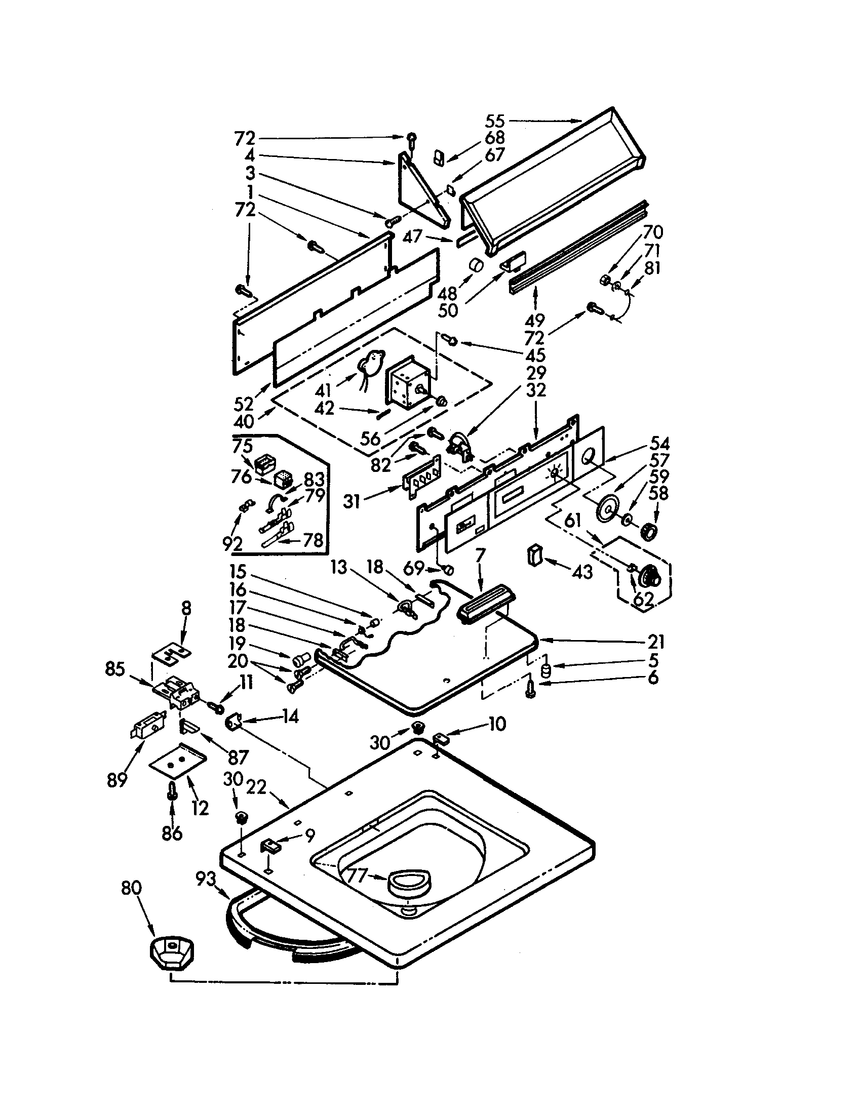 Whirlpool LXA7405W0 top and console assembly diagram