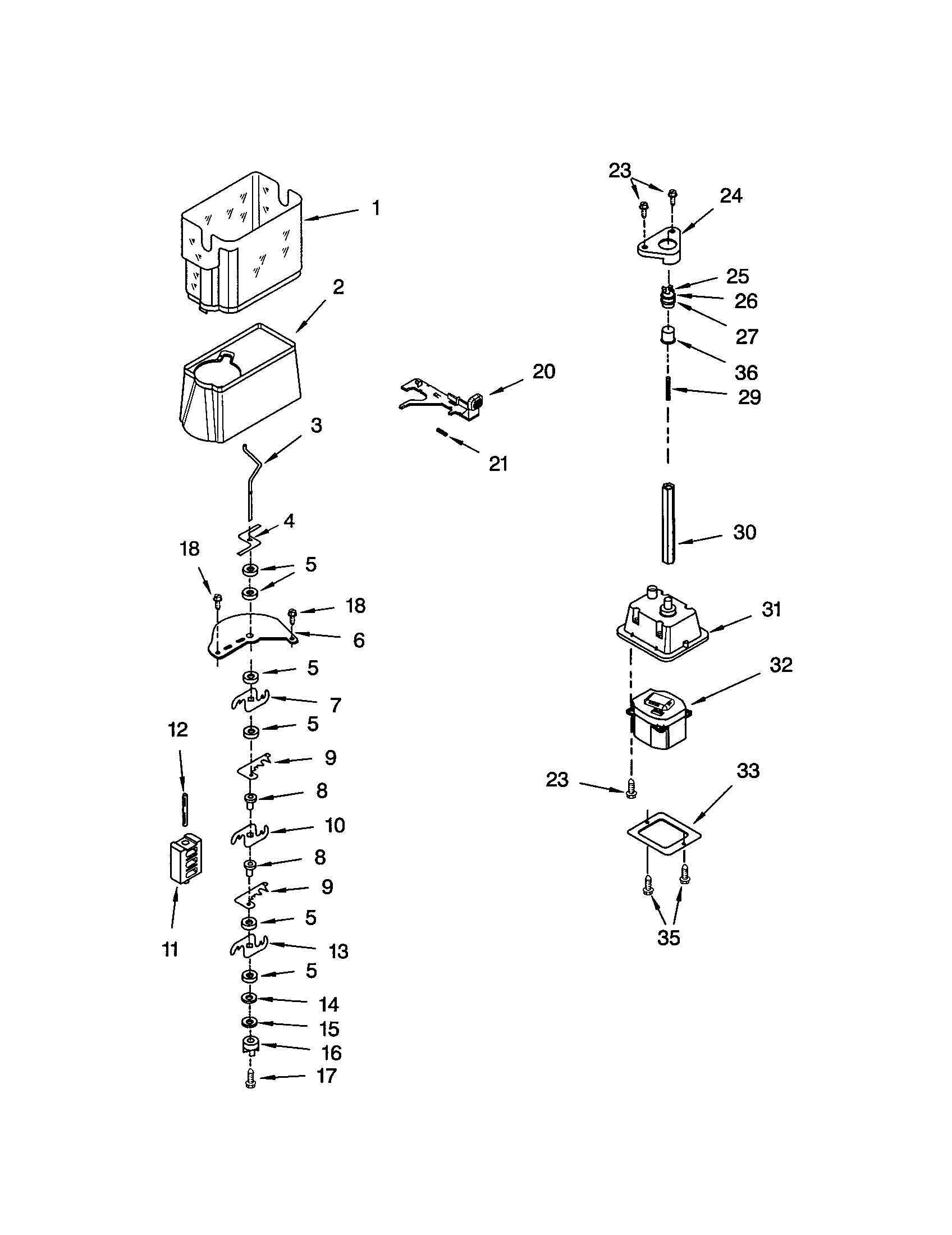 Kenmore 10653299201 motor and ice container diagram