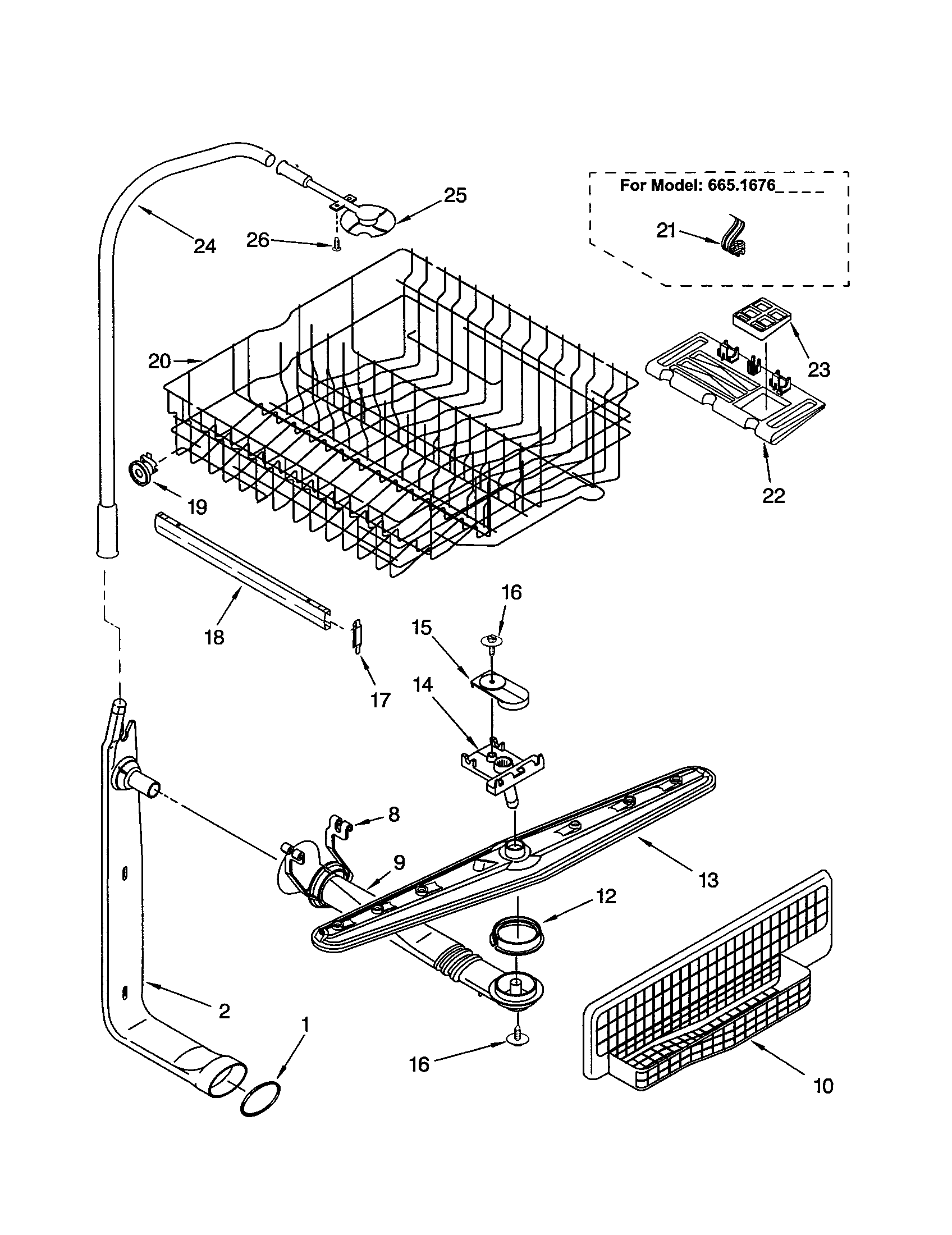 Kenmore 66515767000 upper dishrack and water feed diagram