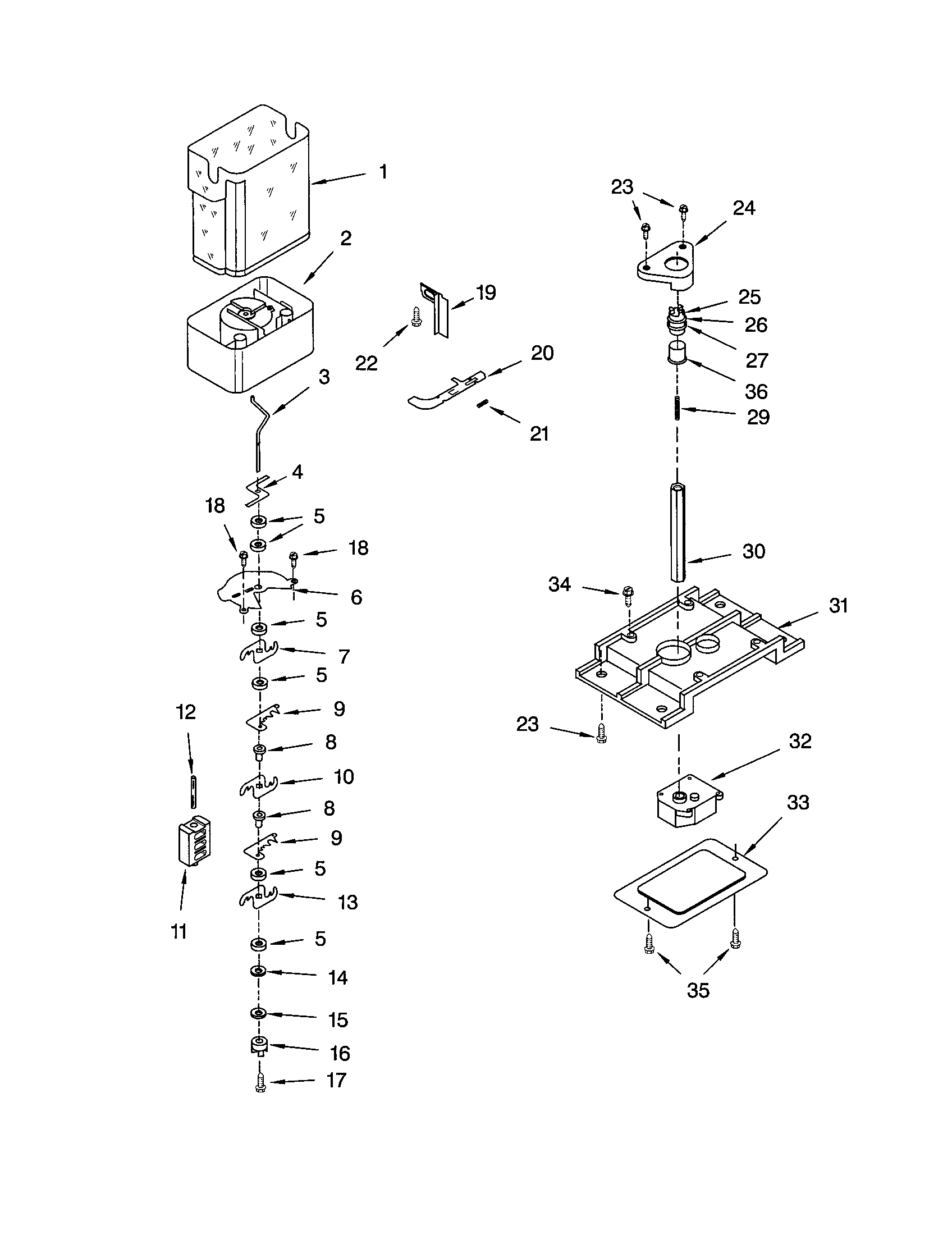 Kenmore 10653559201 motor and ice container diagram