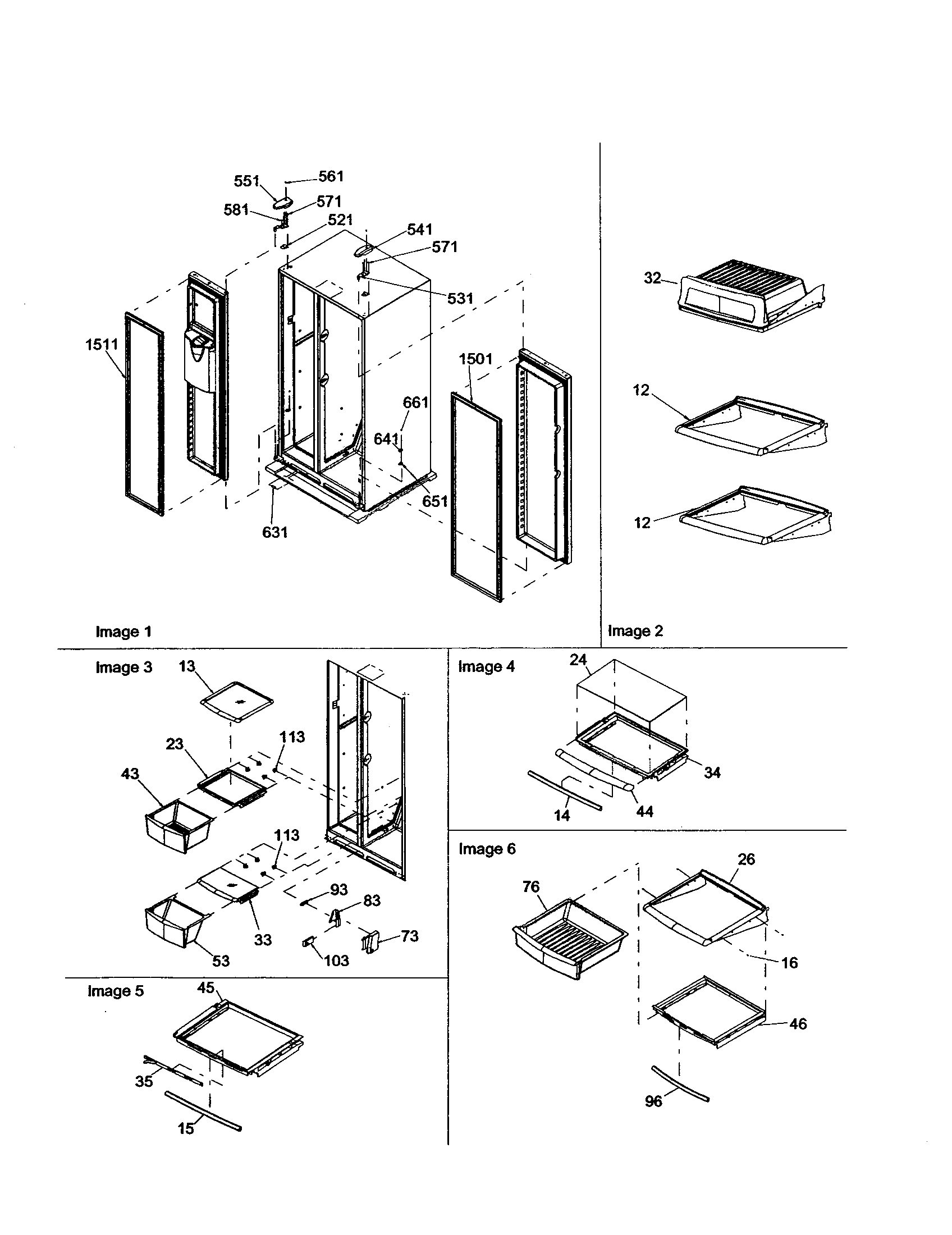 Amana DRS2663BB-PDRS2663BB0 hinges and refrigerator shelving diagram