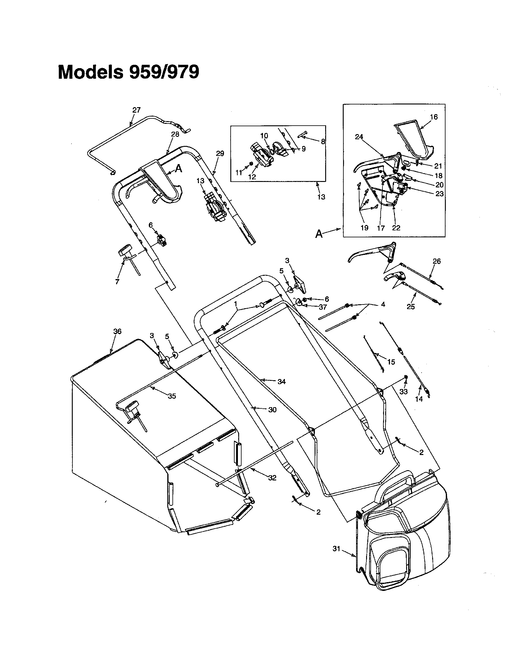 MTD 970-979 upper control housing/handle/bag diagram