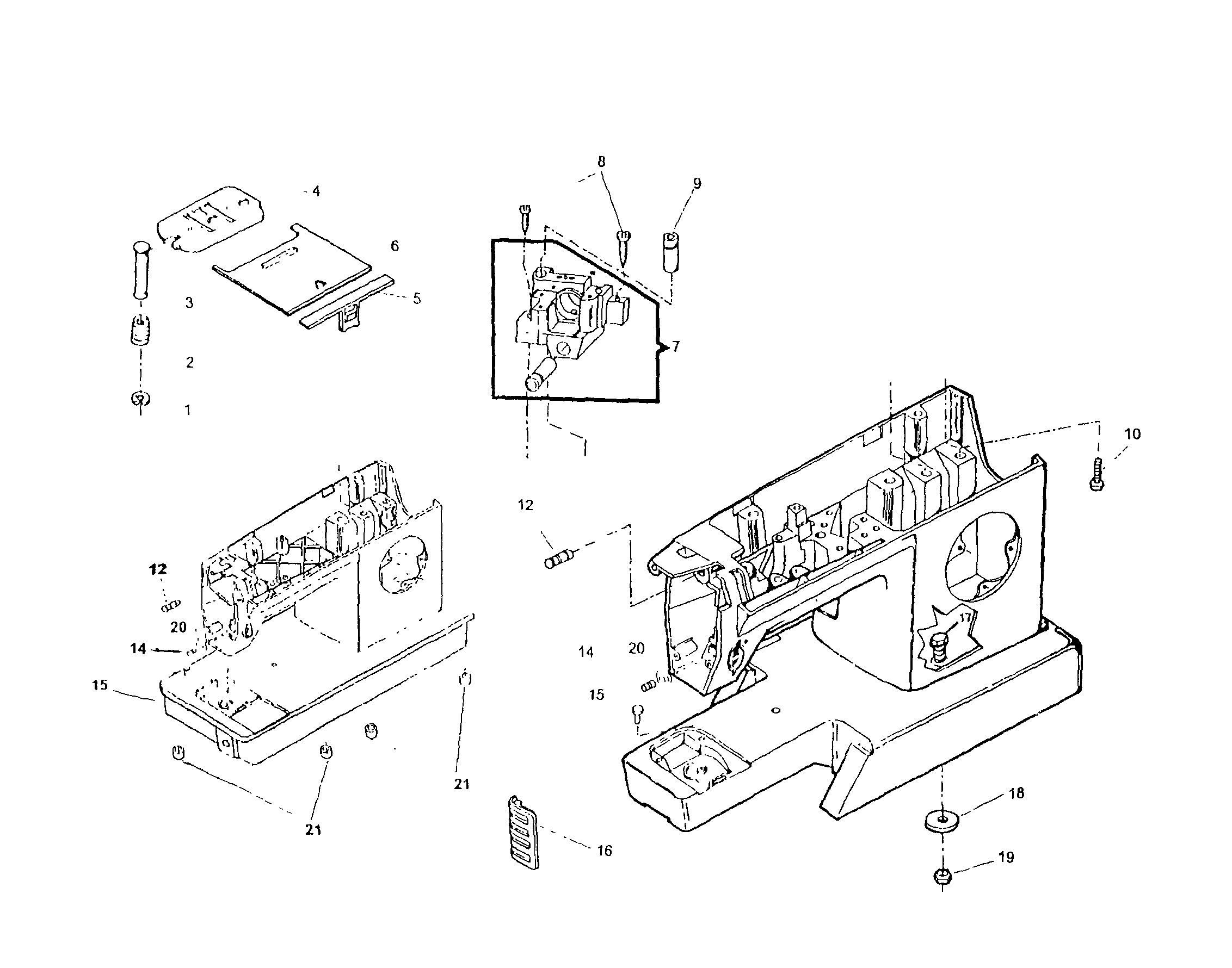 Singer 9832 arm/bed/throat plate/bed slide diagram
