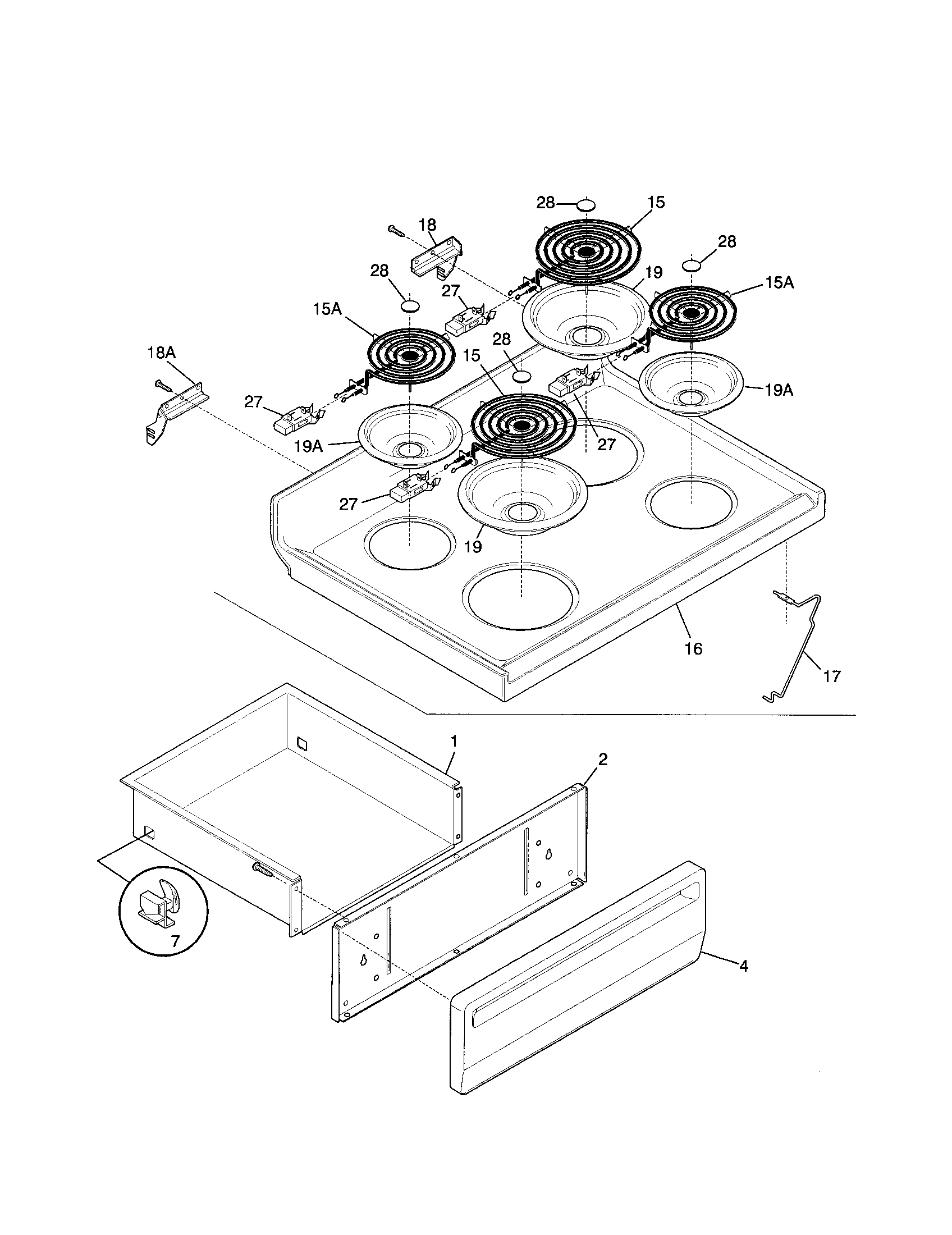 Frigidaire FEF316WGSB top/drawer diagram