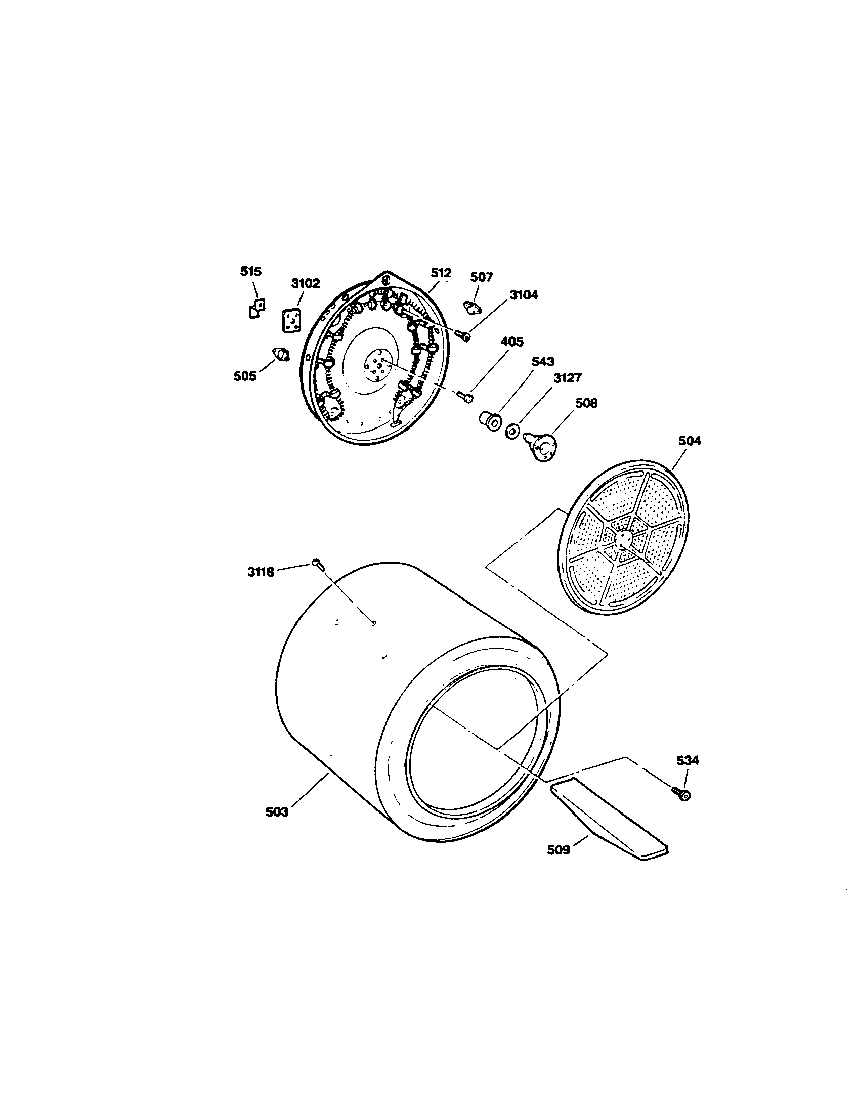 GE DDE8509RCMAA drum/heater/housing diagram