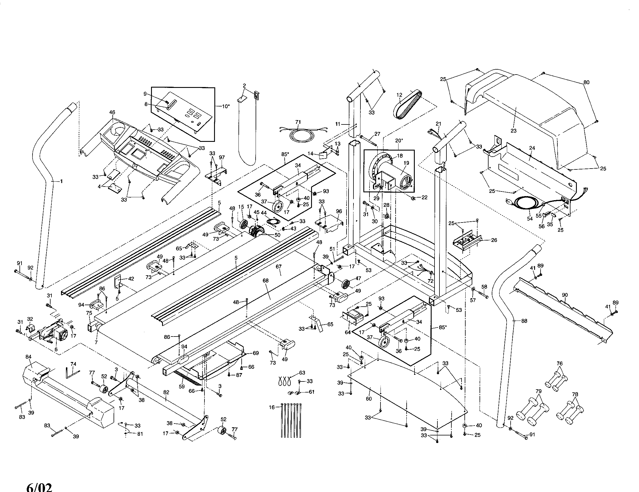 Proform PFTL49102 frame/hood/motor/console base diagram