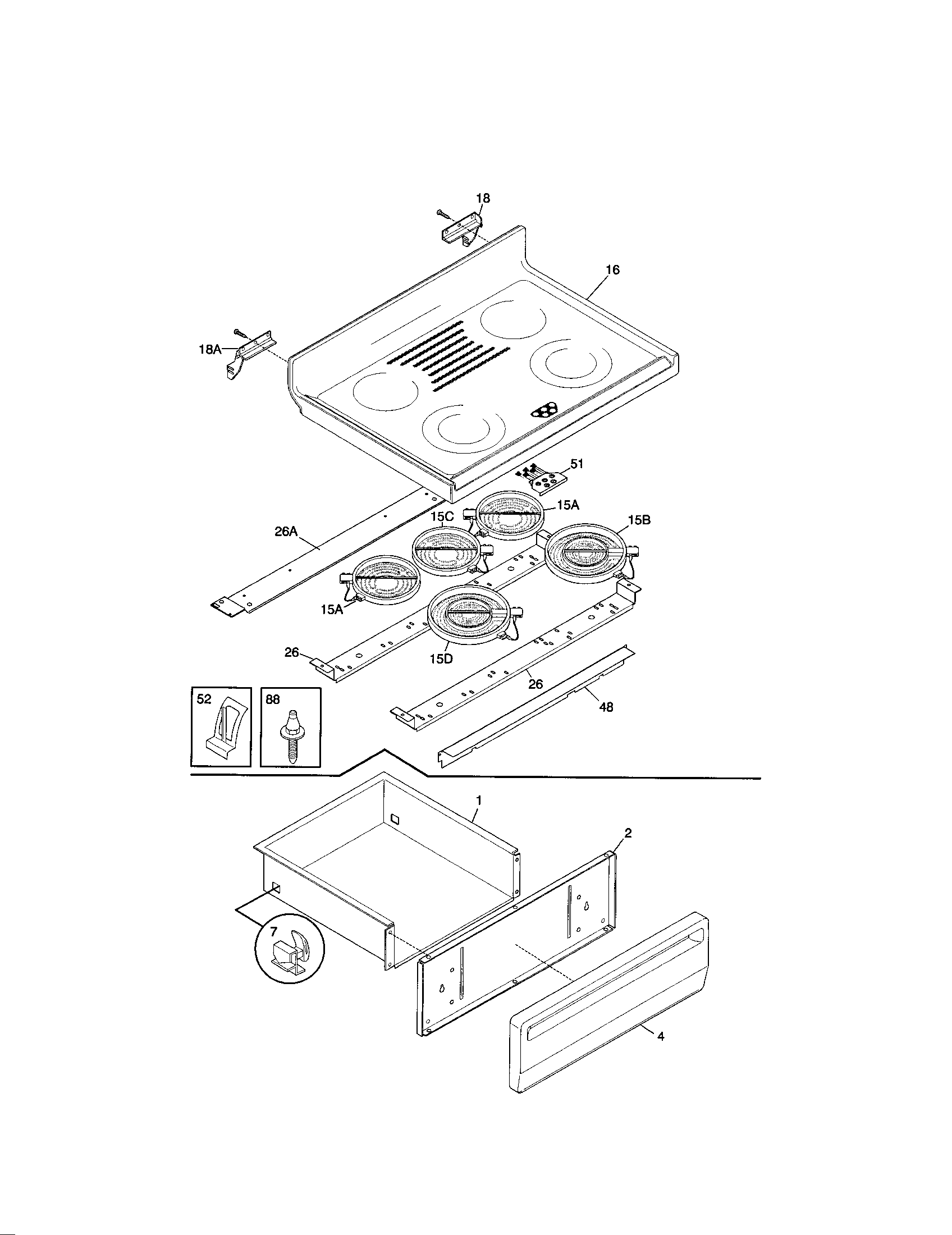 Frigidaire FEF388CJSA top/drawer diagram
