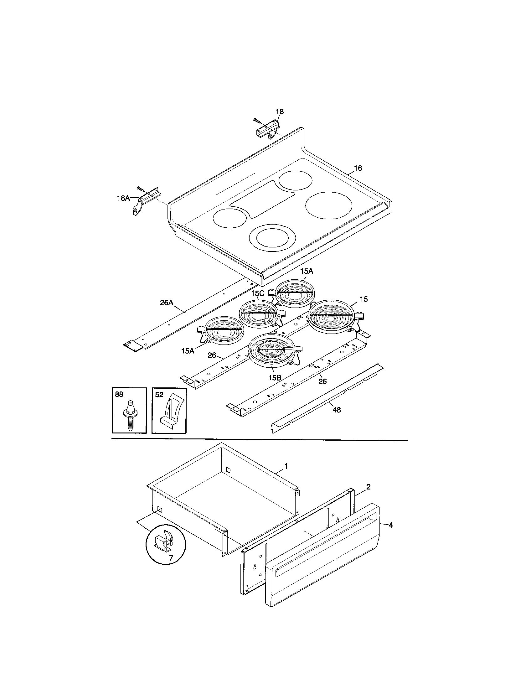 Frigidaire FEF375BHBB top/drawer diagram