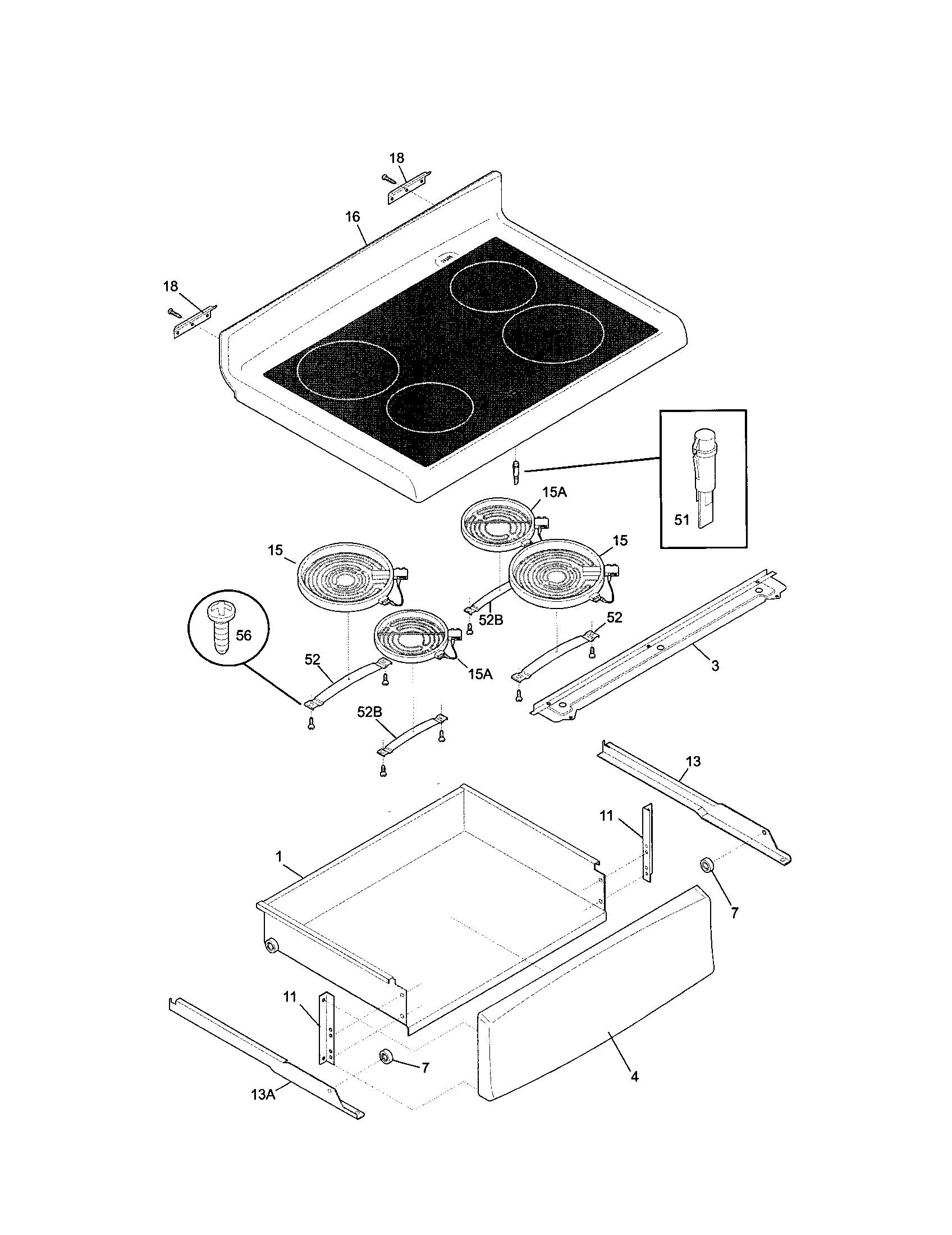 Frigidaire FEF357CGSA top/drawer diagram