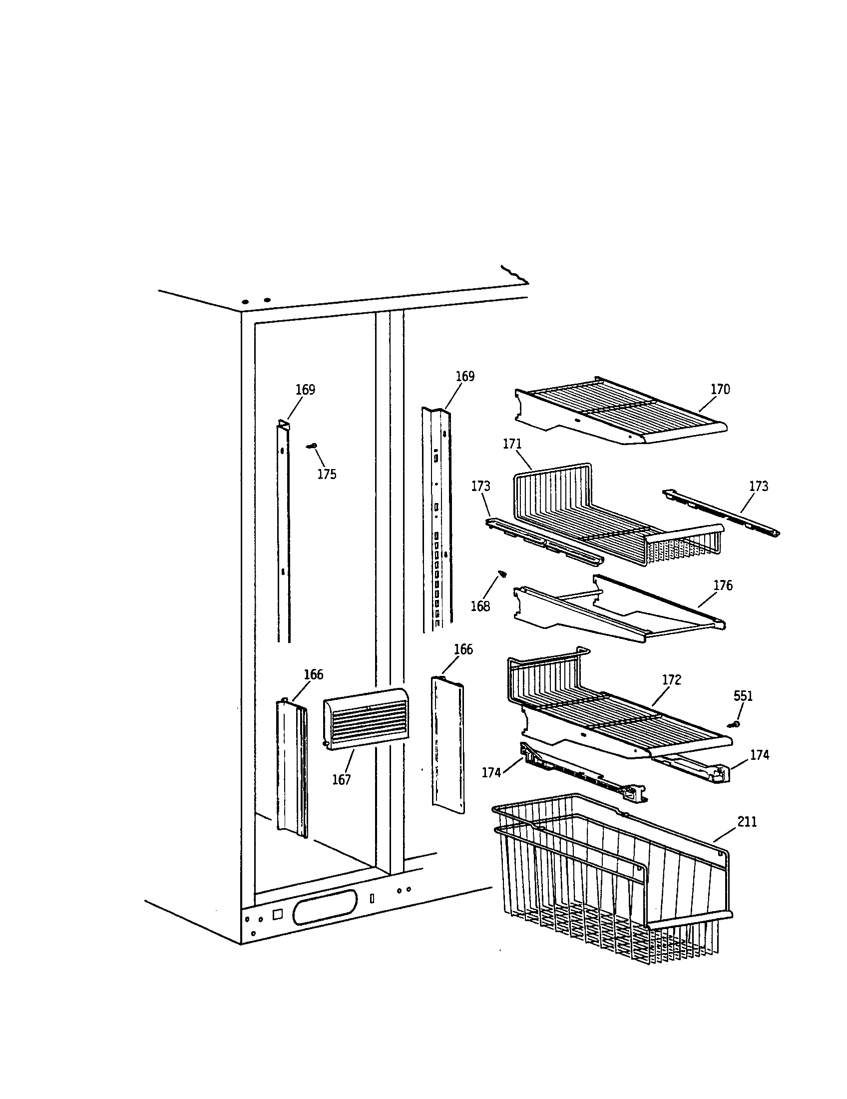 GE TFH30PRTABB freezer shelves and basket diagram