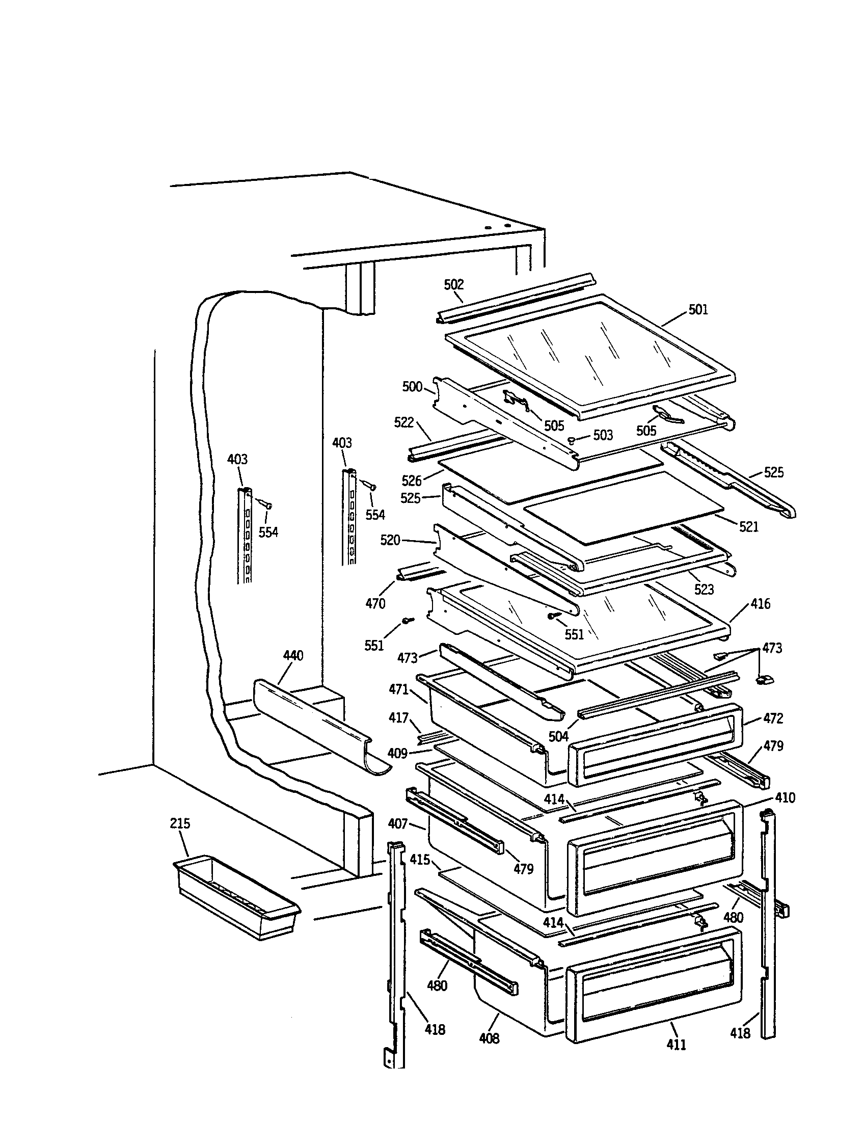 GE TFH30PRTABB refrigerator shelves and drawers diagram