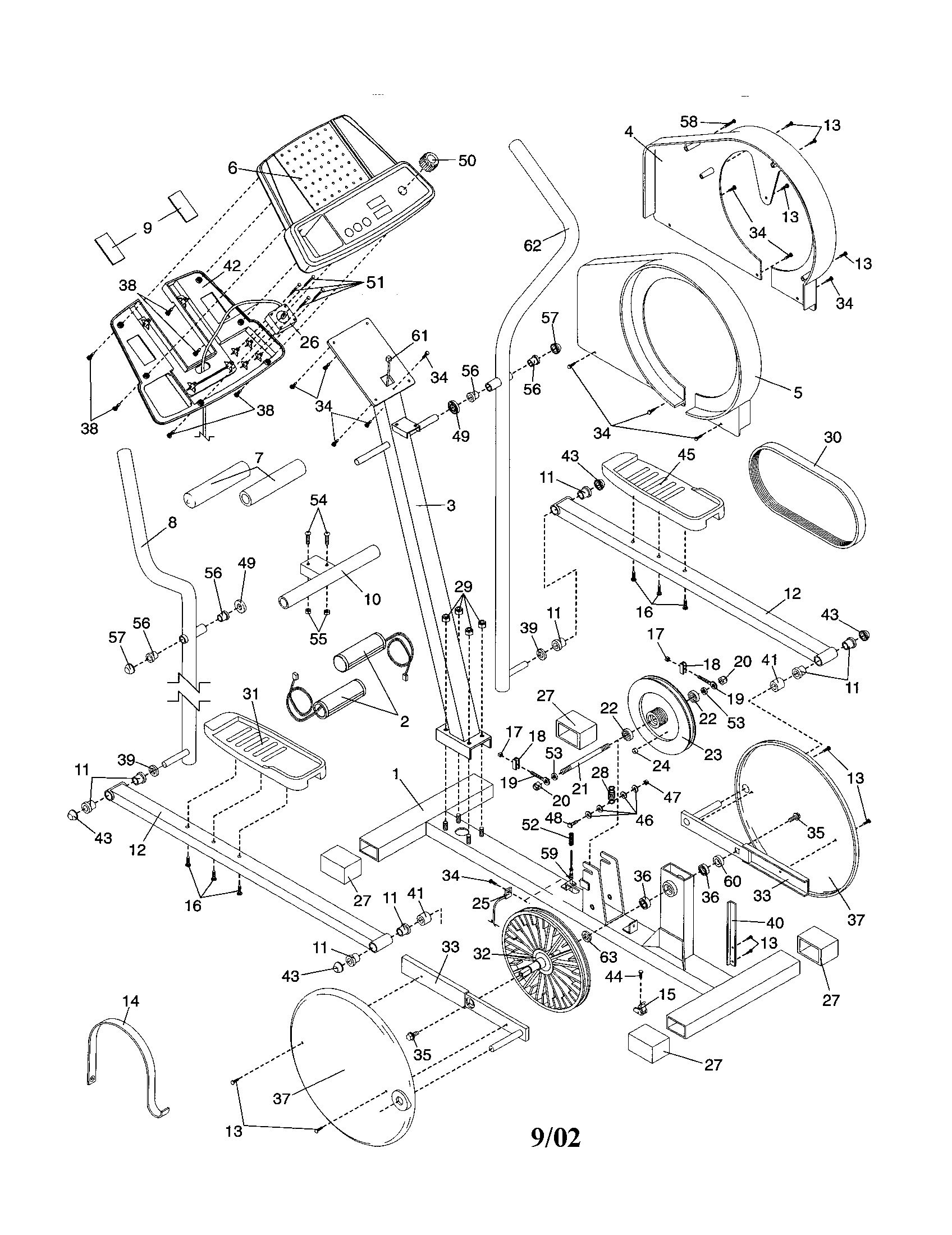 Weslo WLEL19021 frame/handlebar/flywheel diagram