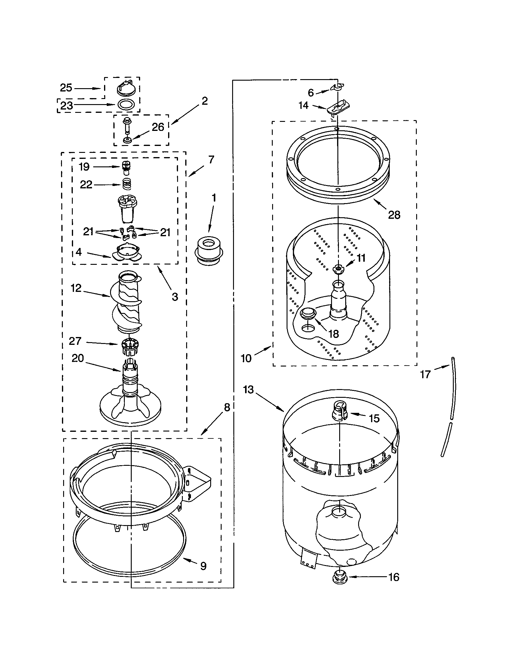 Kenmore Elite 11023014101 agitator, basket and tub diagram