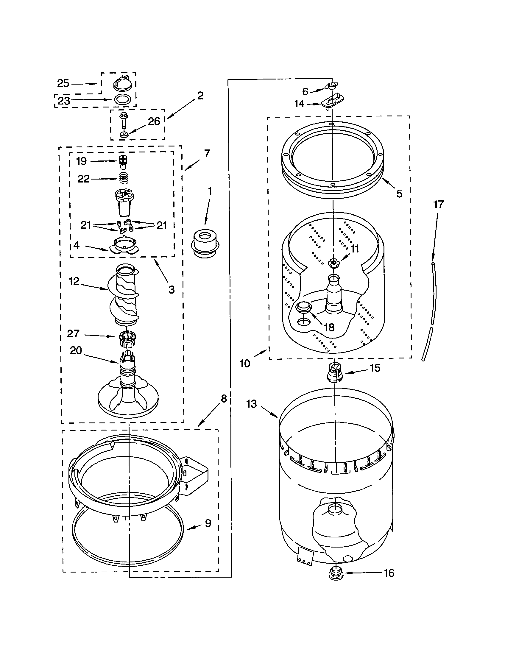 Kenmore Elite 11023022101 agitator, basket and tub diagram