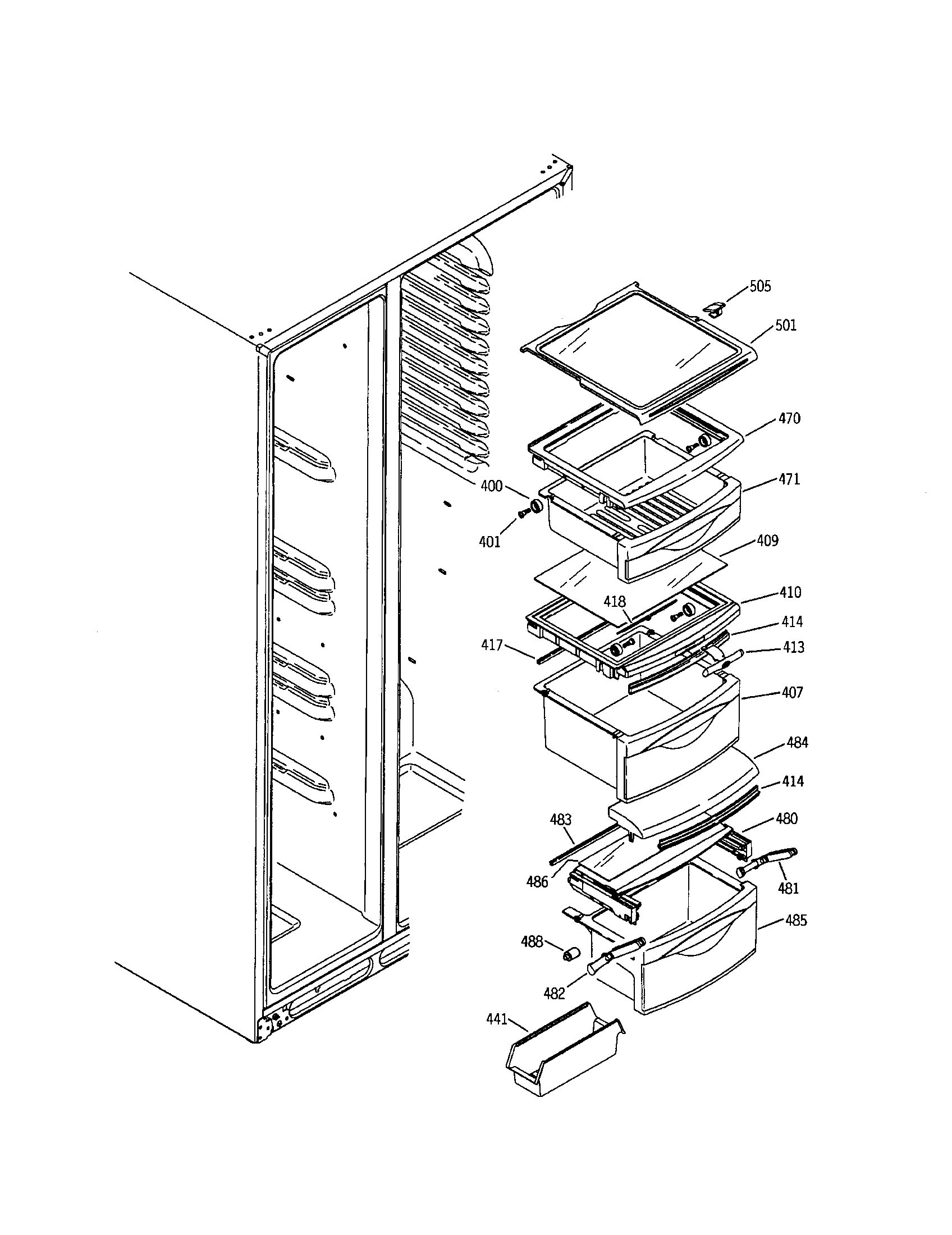 GE GSS25TGMAWW refrigerator shelves diagram