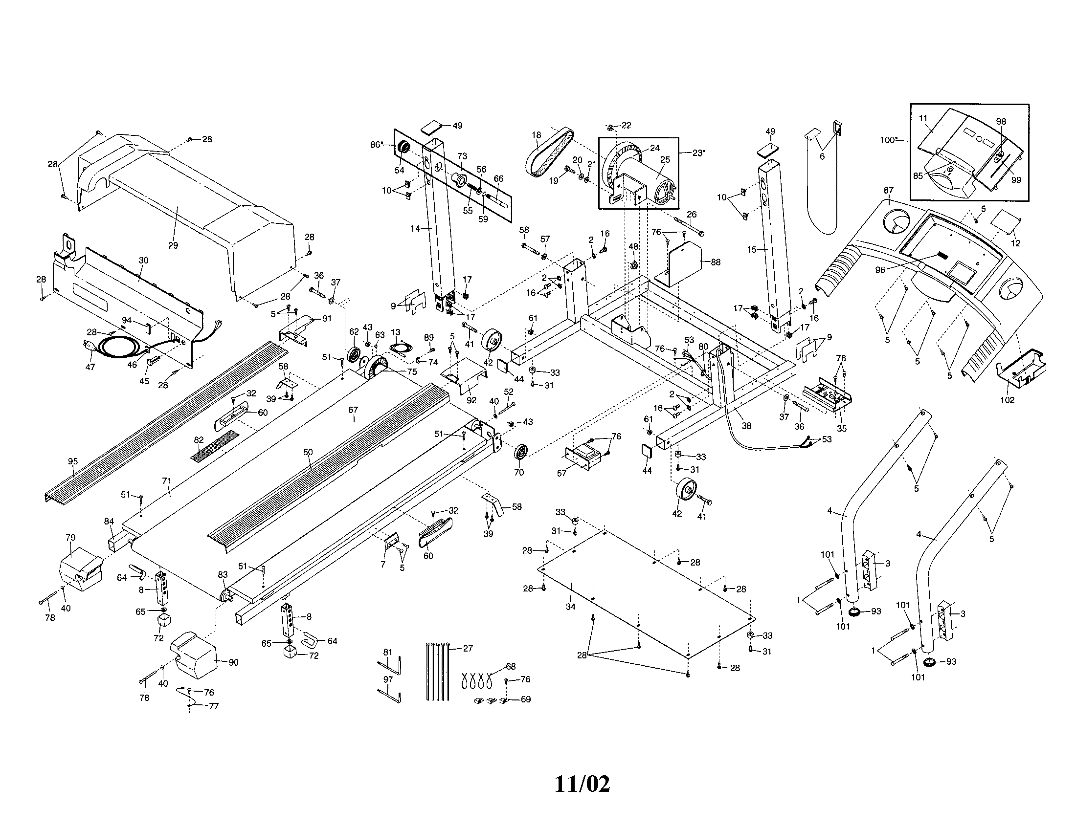 Proform PFTL29020 walking belt/motor/hood/console diagram