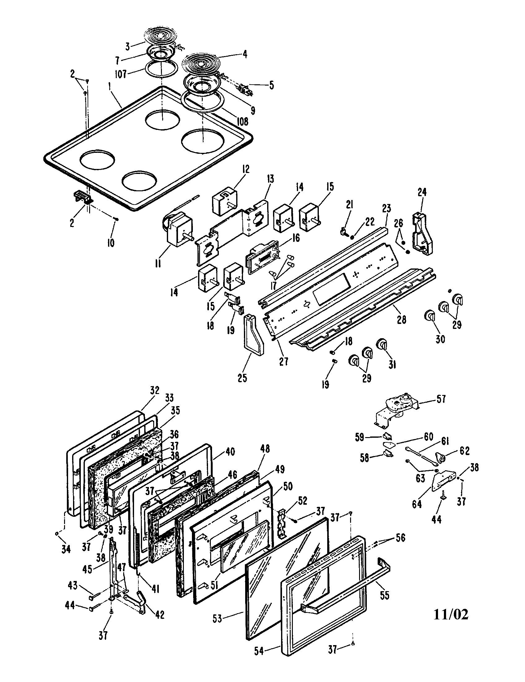 GE JDP36GH3 cooktop and door diagram