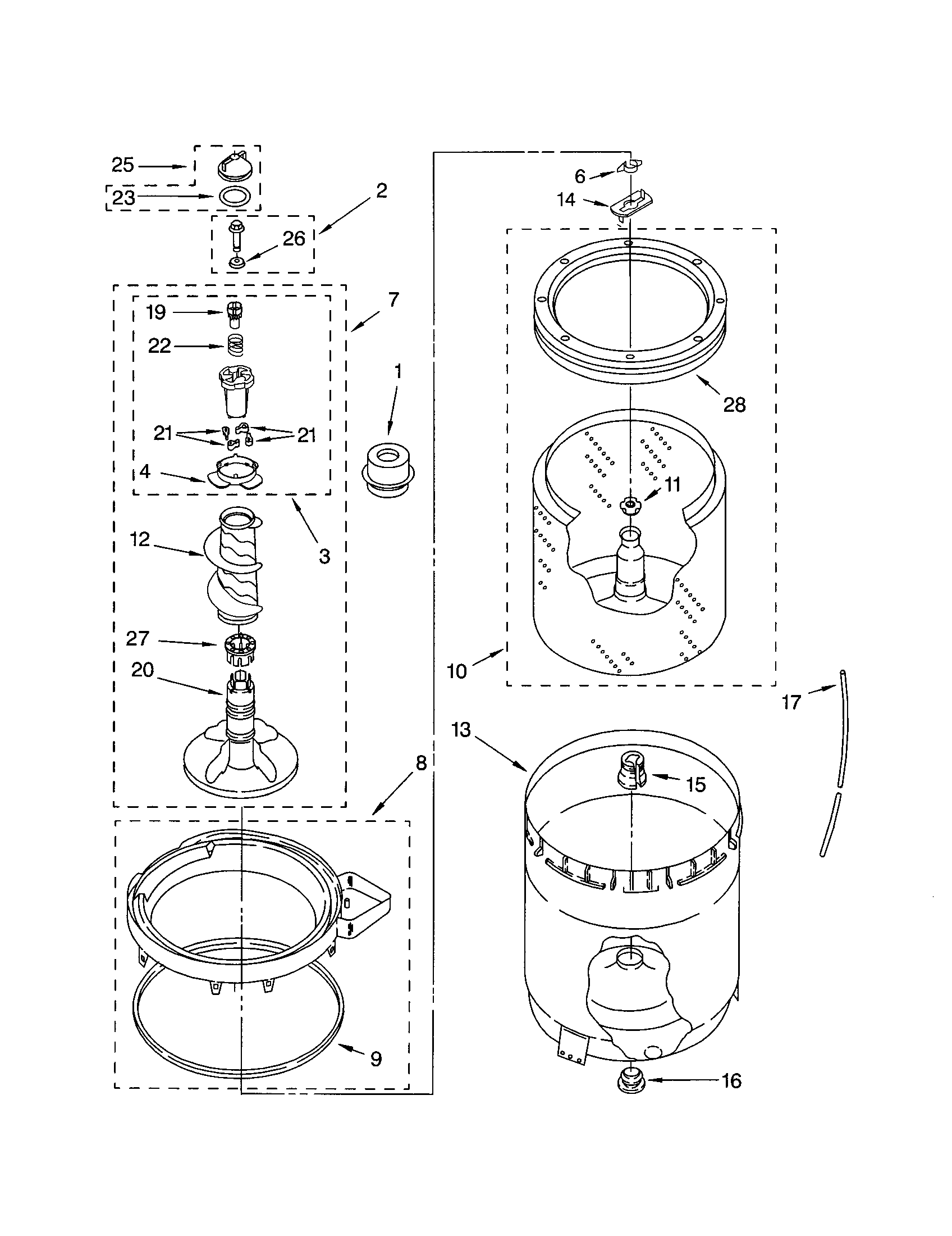 Kenmore Elite 11023014102 agitator, basket and tub diagram