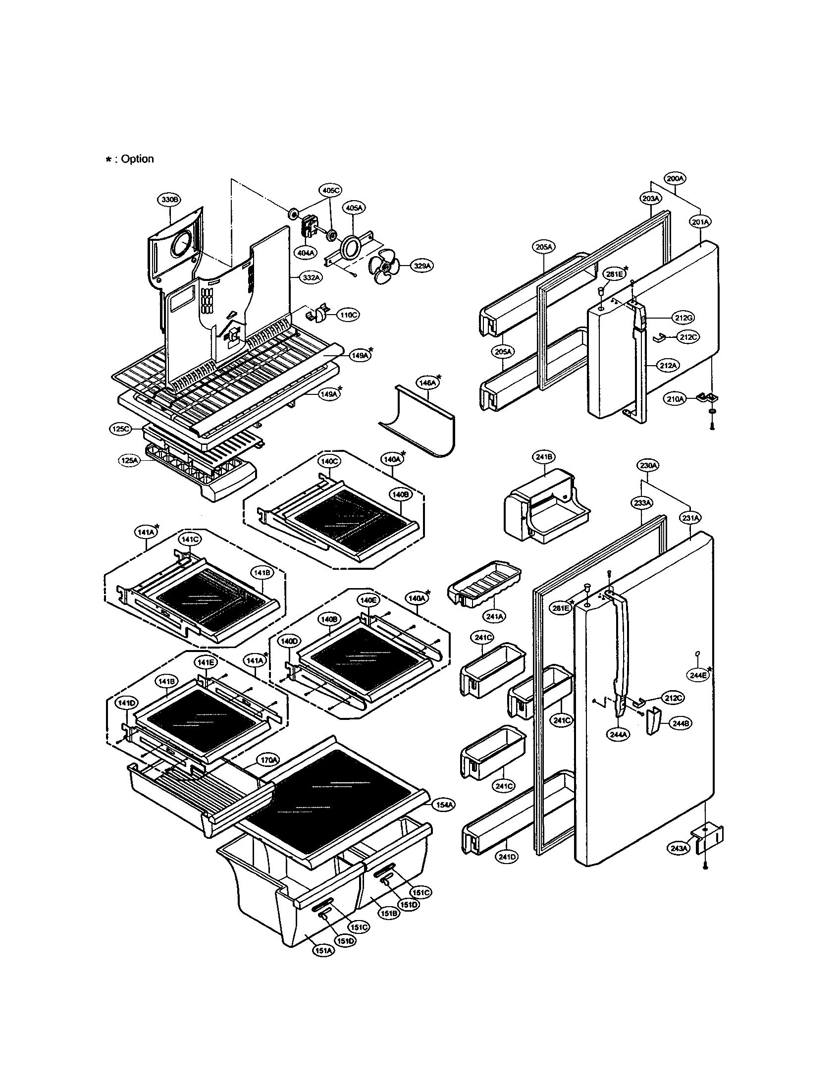 LG LRTB2023W door and shelves diagram