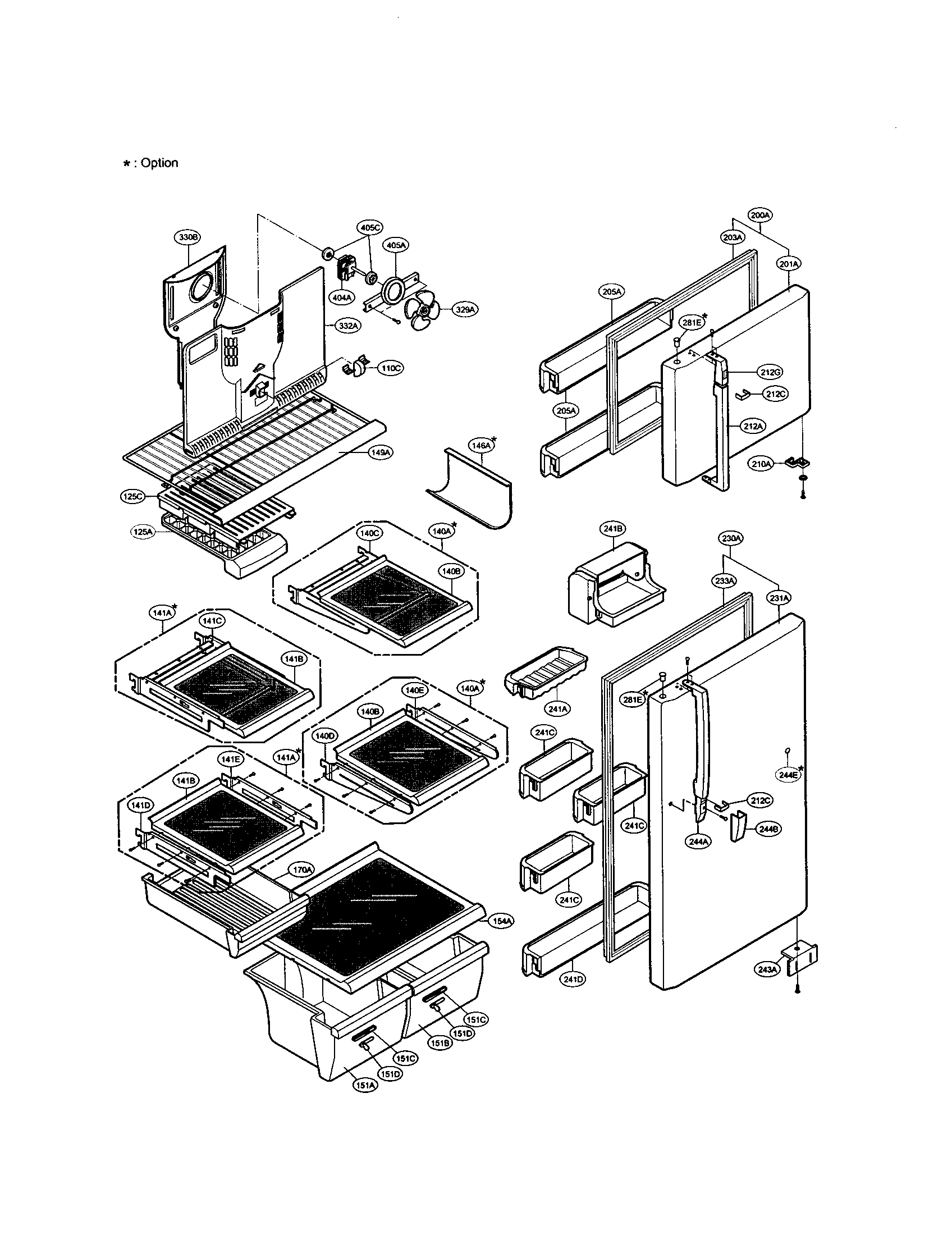 LG LRTBC2025BS door and shelves diagram