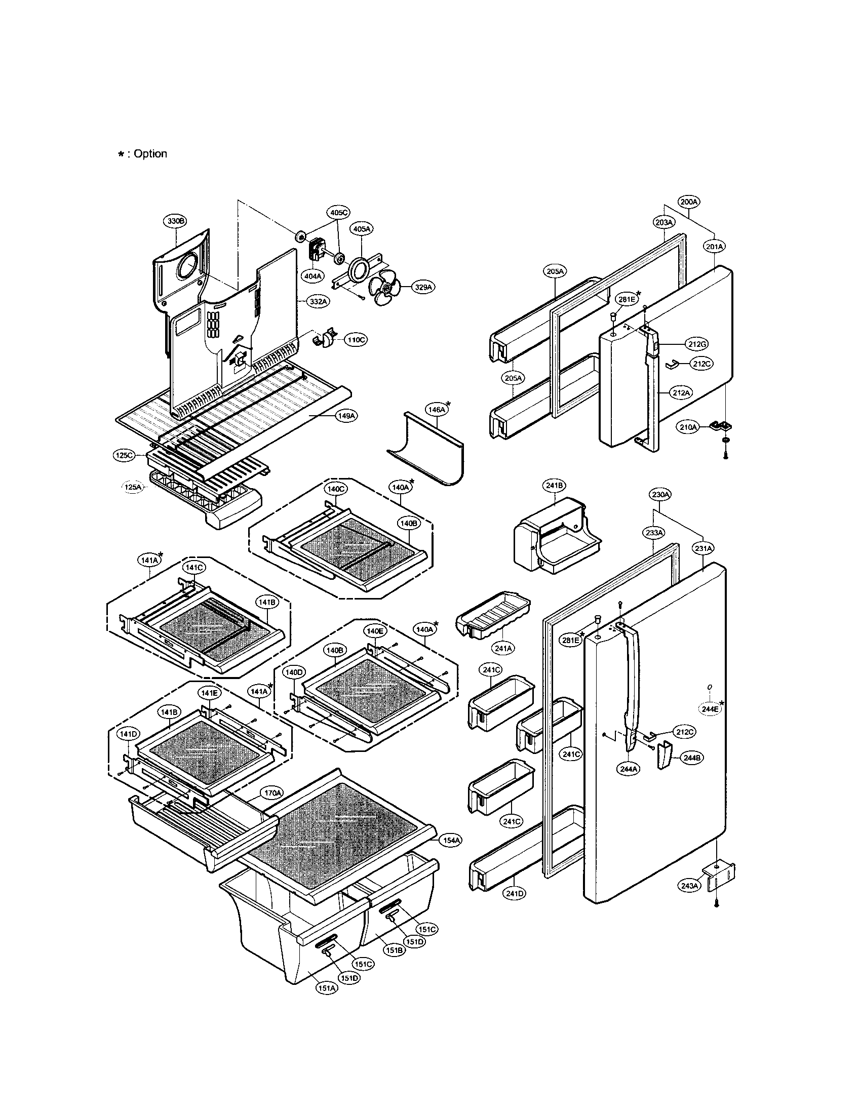 LG LRTBC2025BK door and shelves diagram