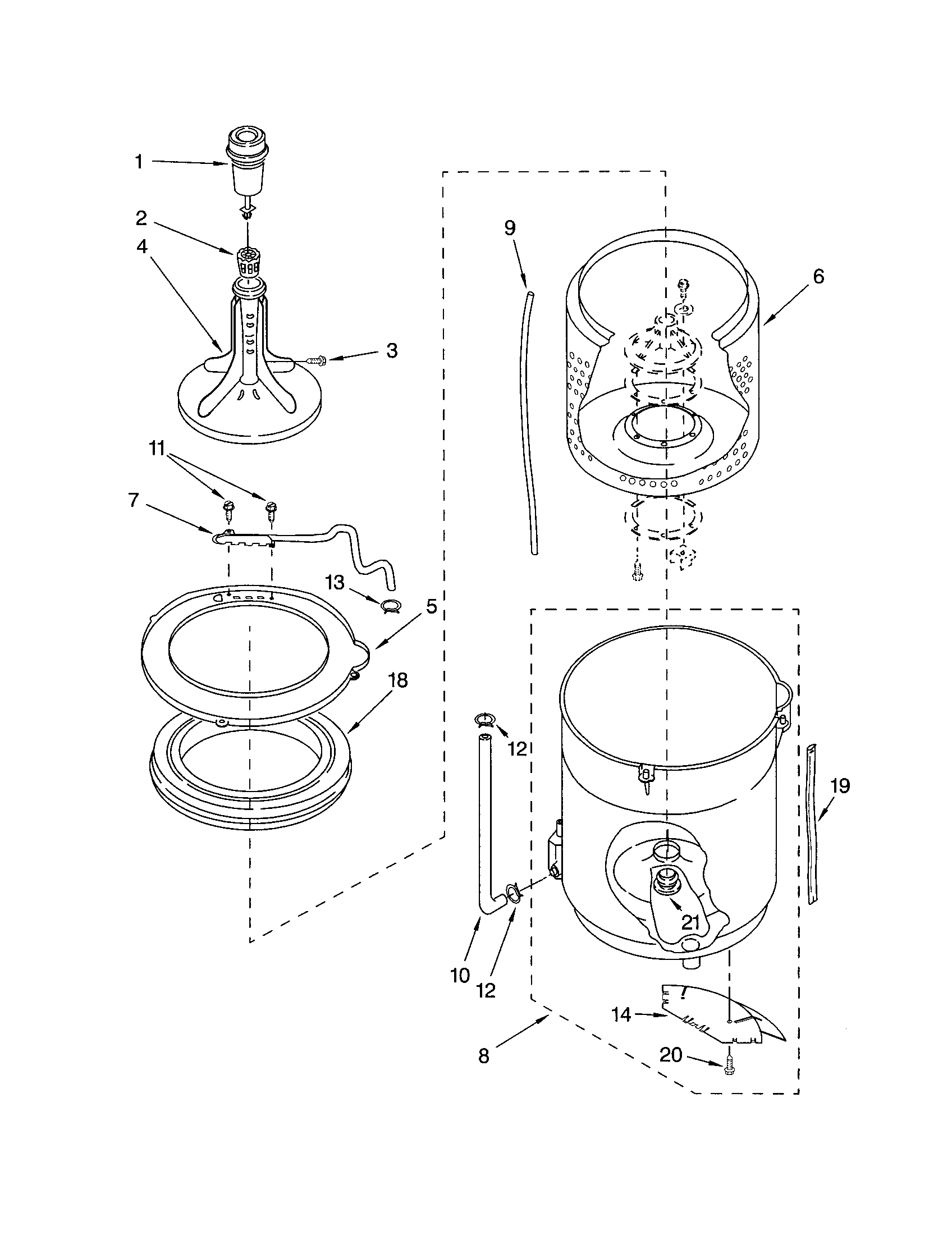 Kenmore 11042722201 agitator, basket and tub diagram