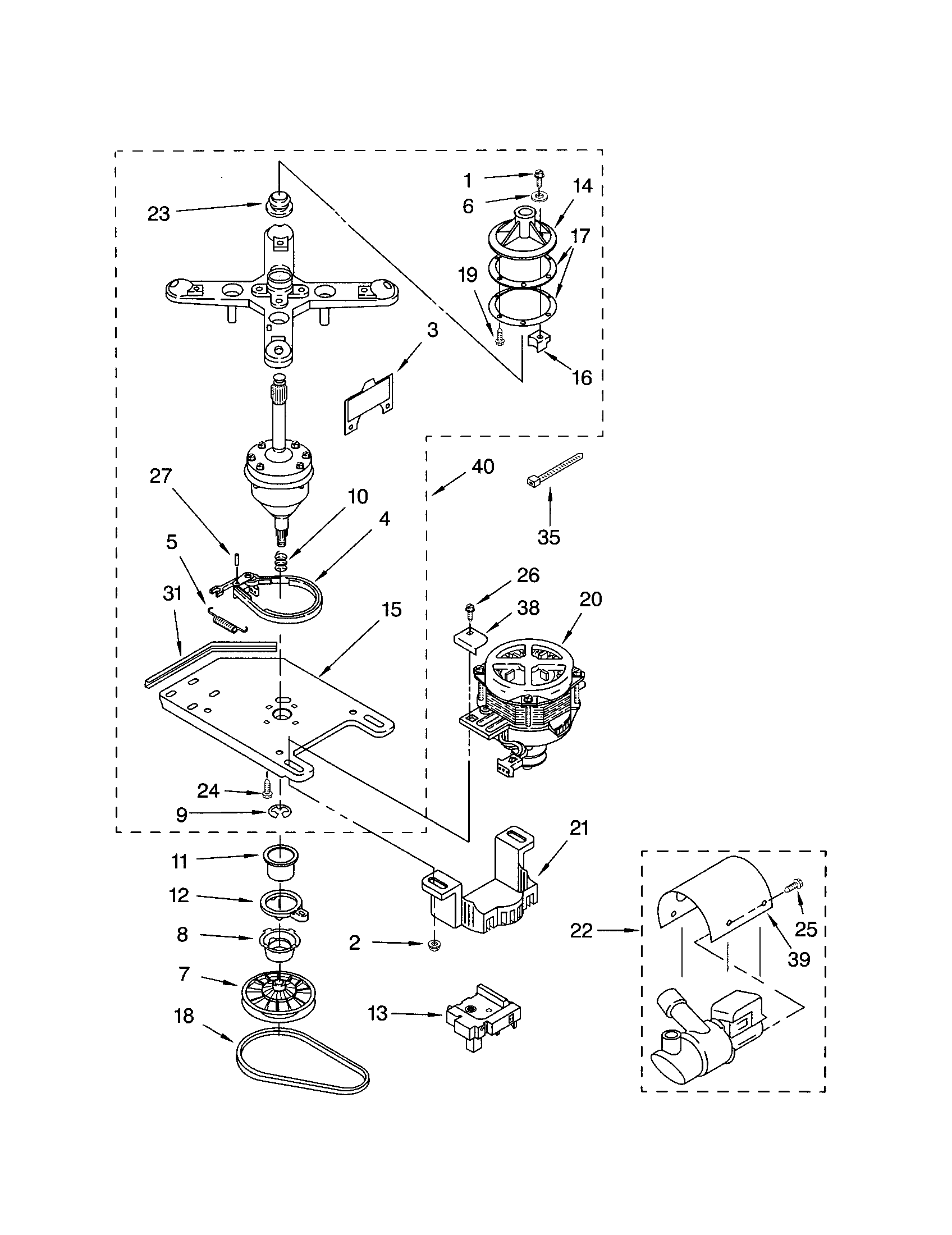 Kenmore 11042722201 transmission, motor and pump diagram