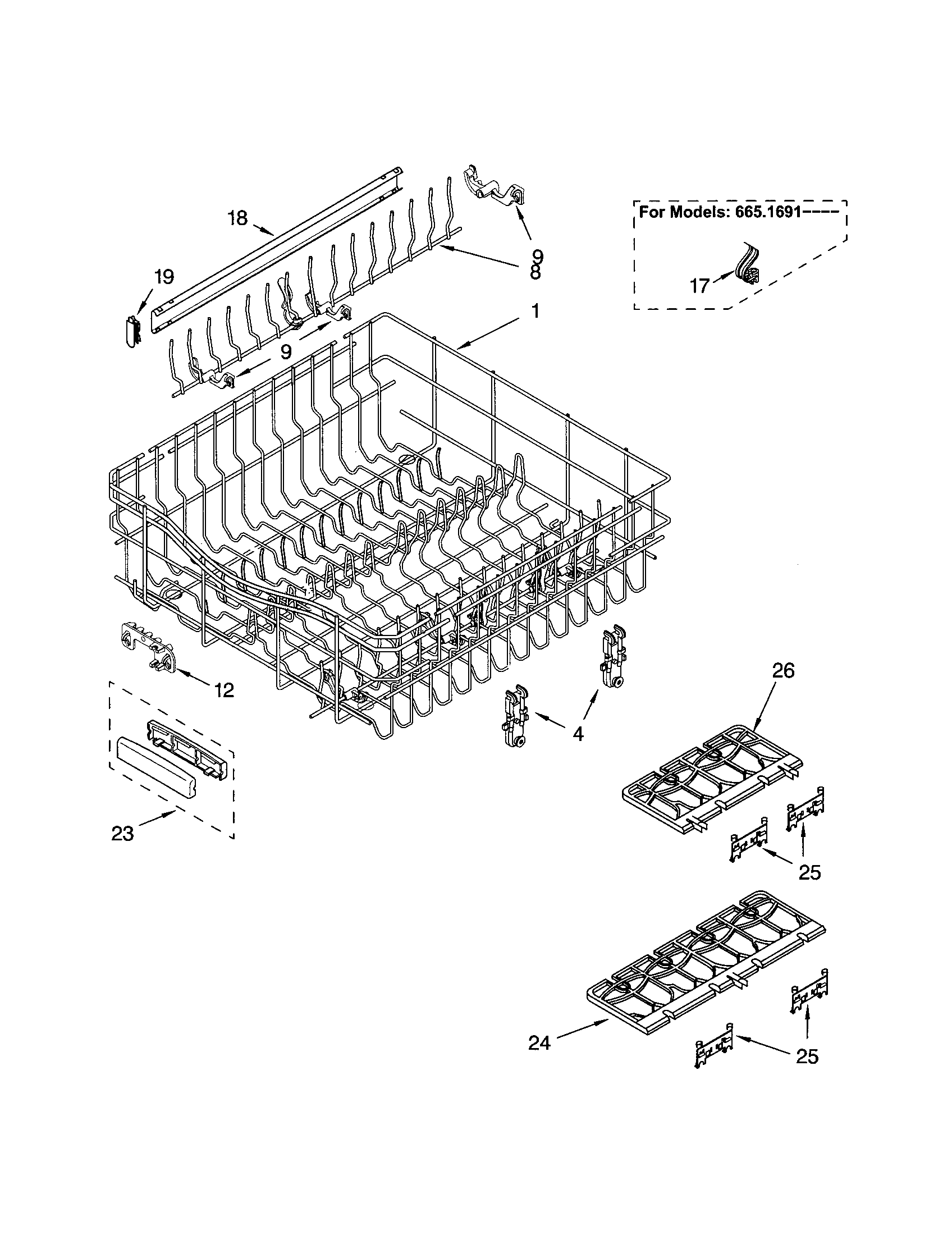 Kenmore Elite 66515919000 upper rack and track diagram