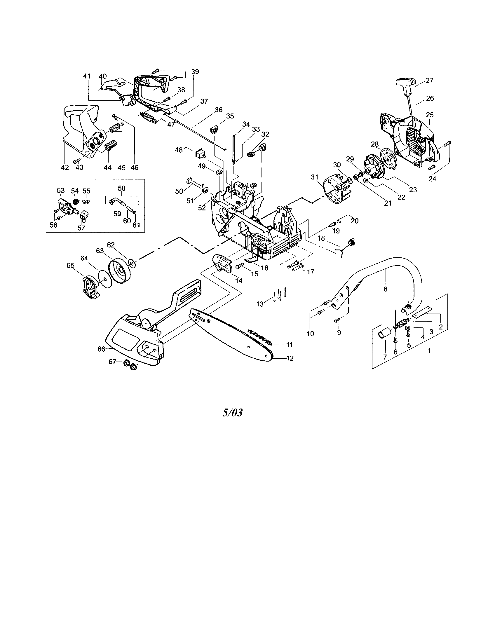 Poulan 221 TYPE 1-3 chain/bar/chassis/handle diagram