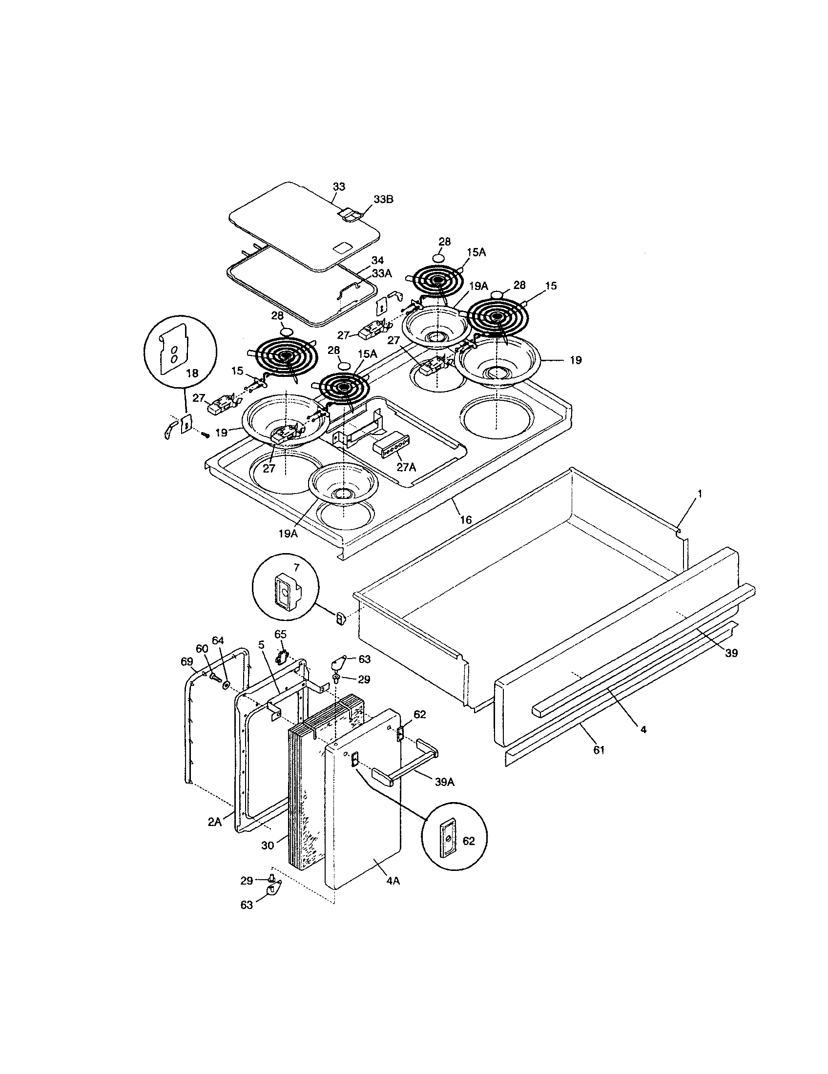 Frigidaire FEF455WCBA top/drawer diagram