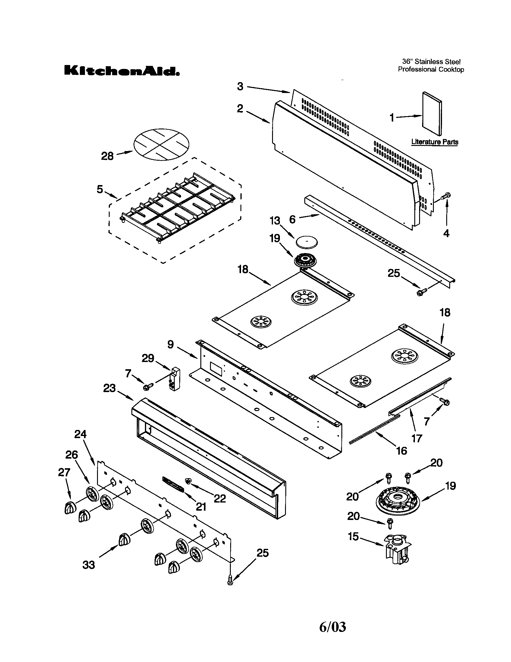 KitchenAid KGCP463KSS0 cooktop, burner and grate diagram