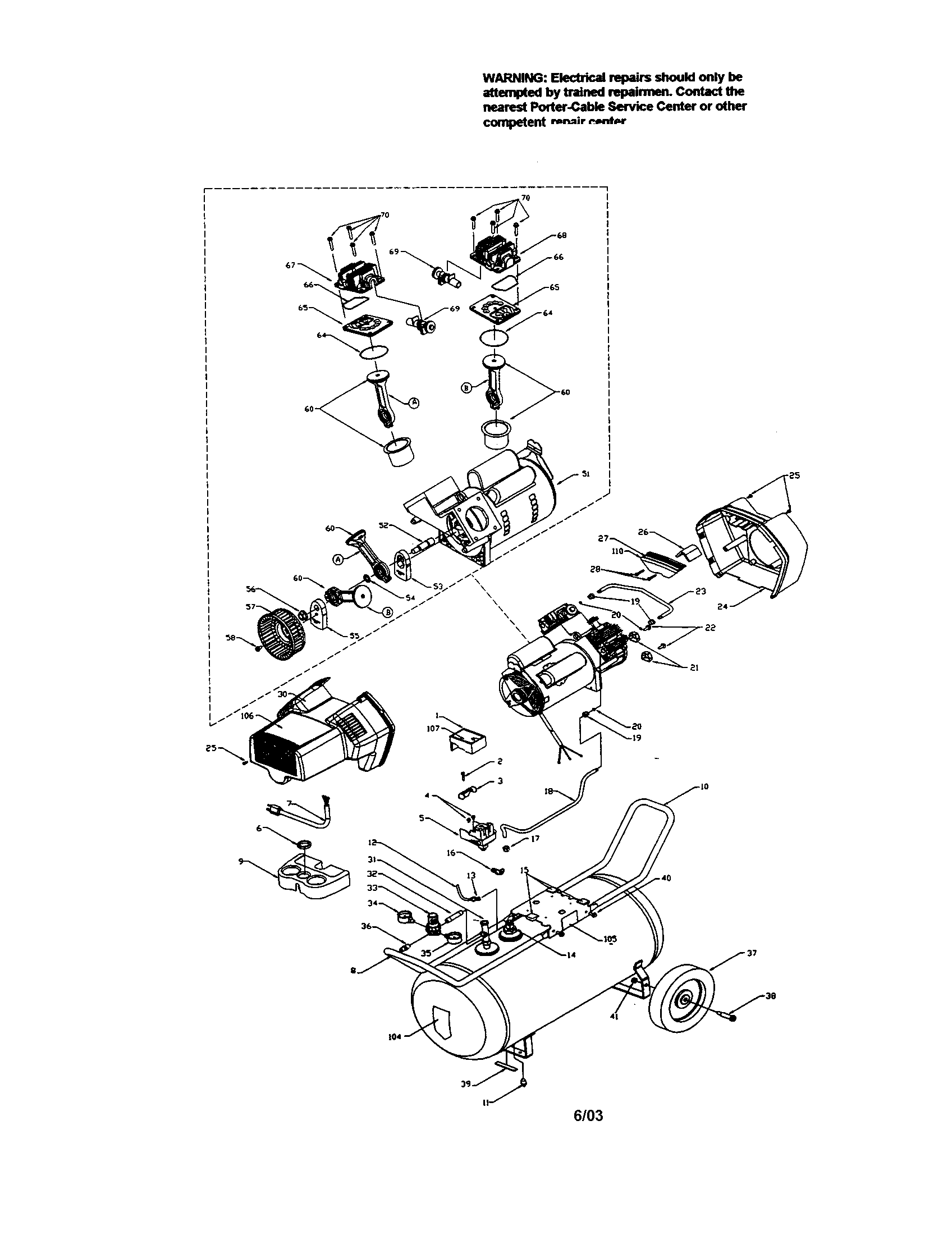 Porter Cable CF2020 twin cylinder compressor diagram