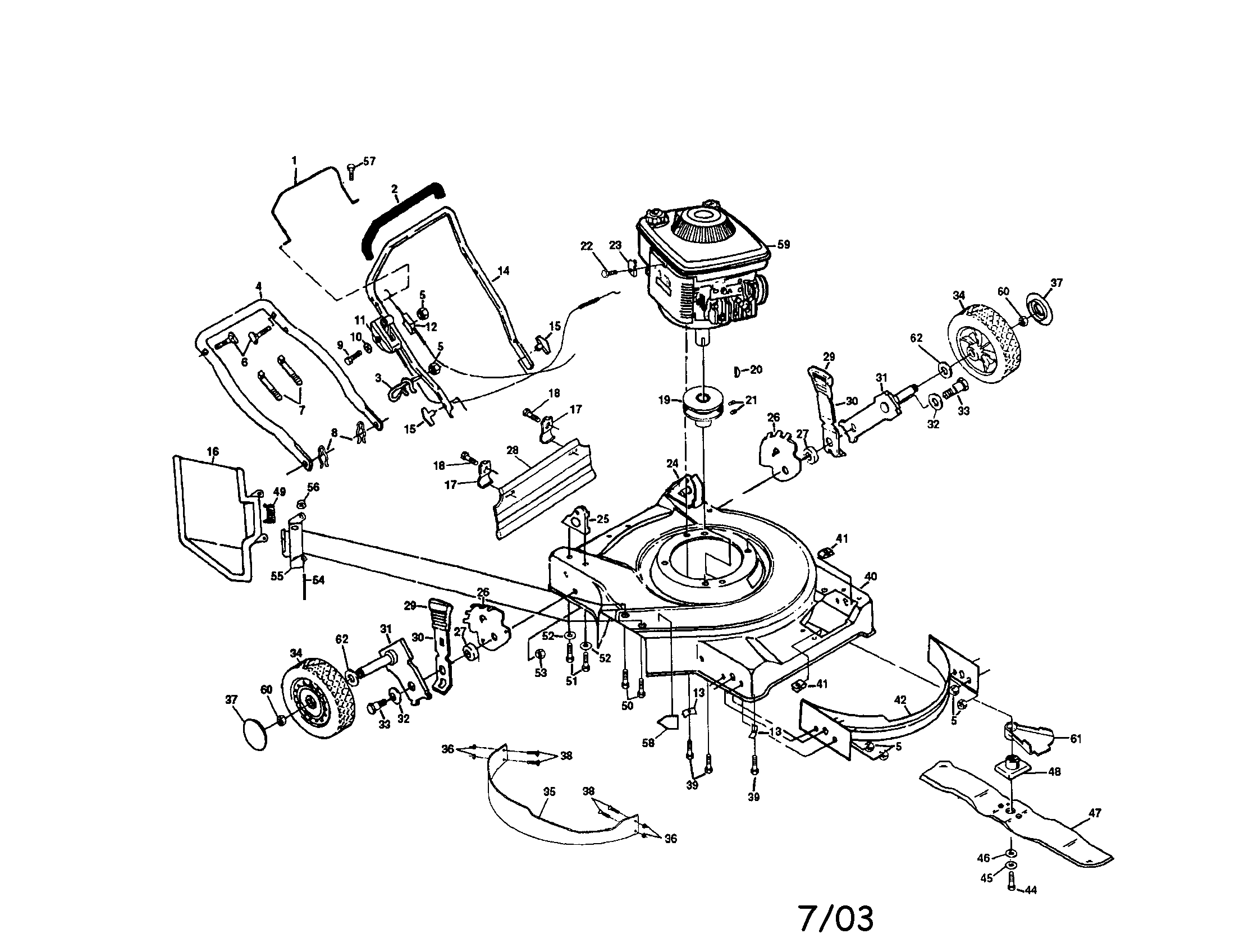 Poulan PP750PS engine/handle/housing/blade diagram