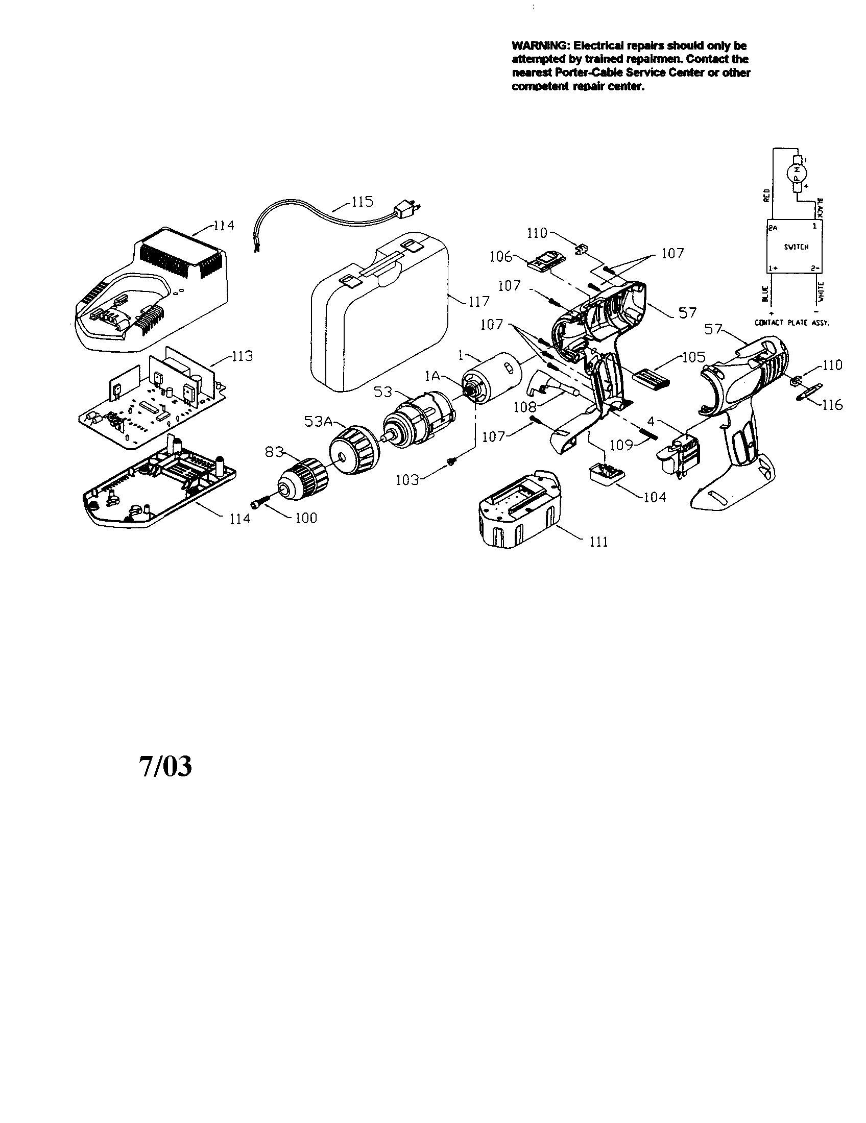 Porter Cable 884 cordless driver/drill diagram