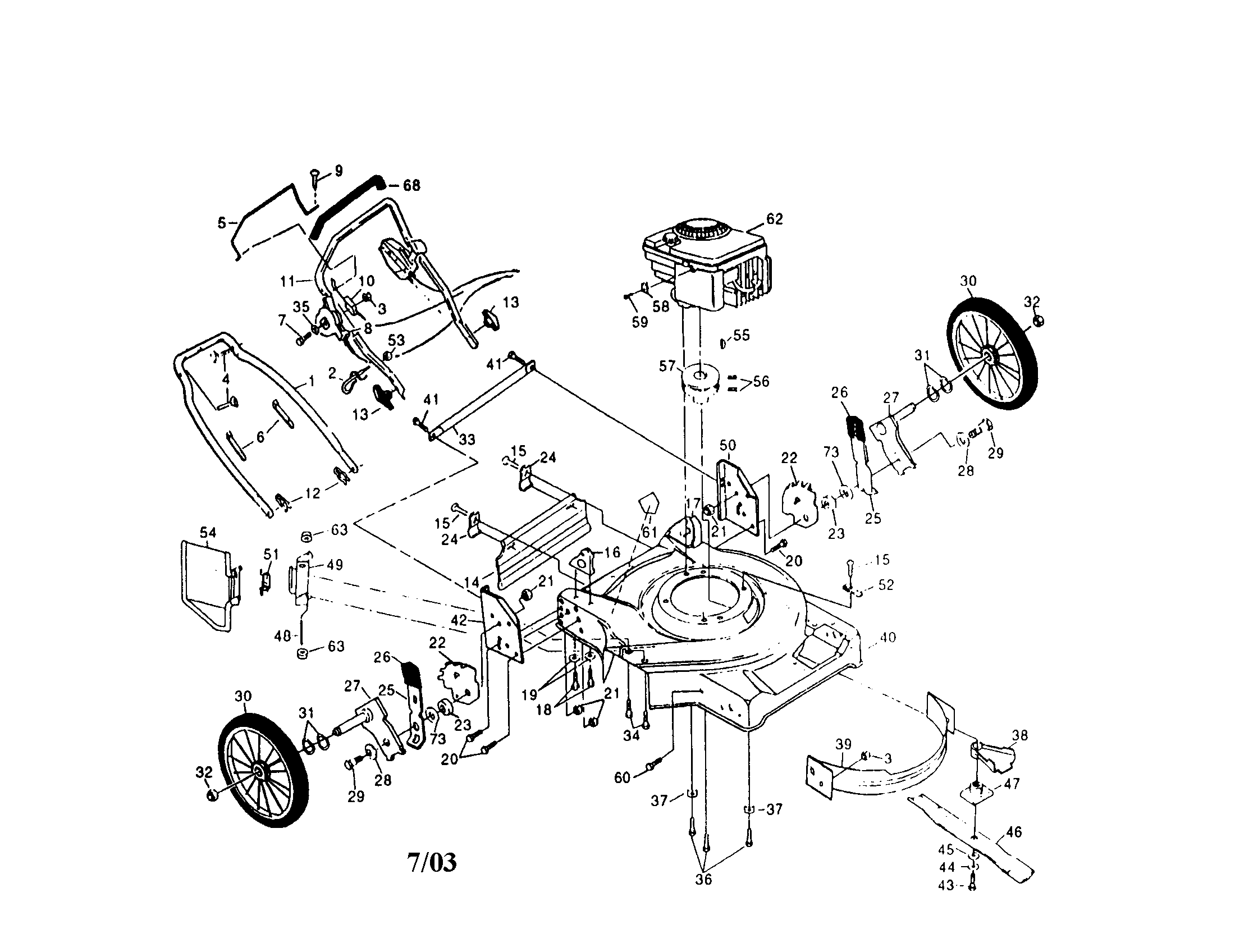 Poulan PP752HIA engine/housing/handle/wheel diagram