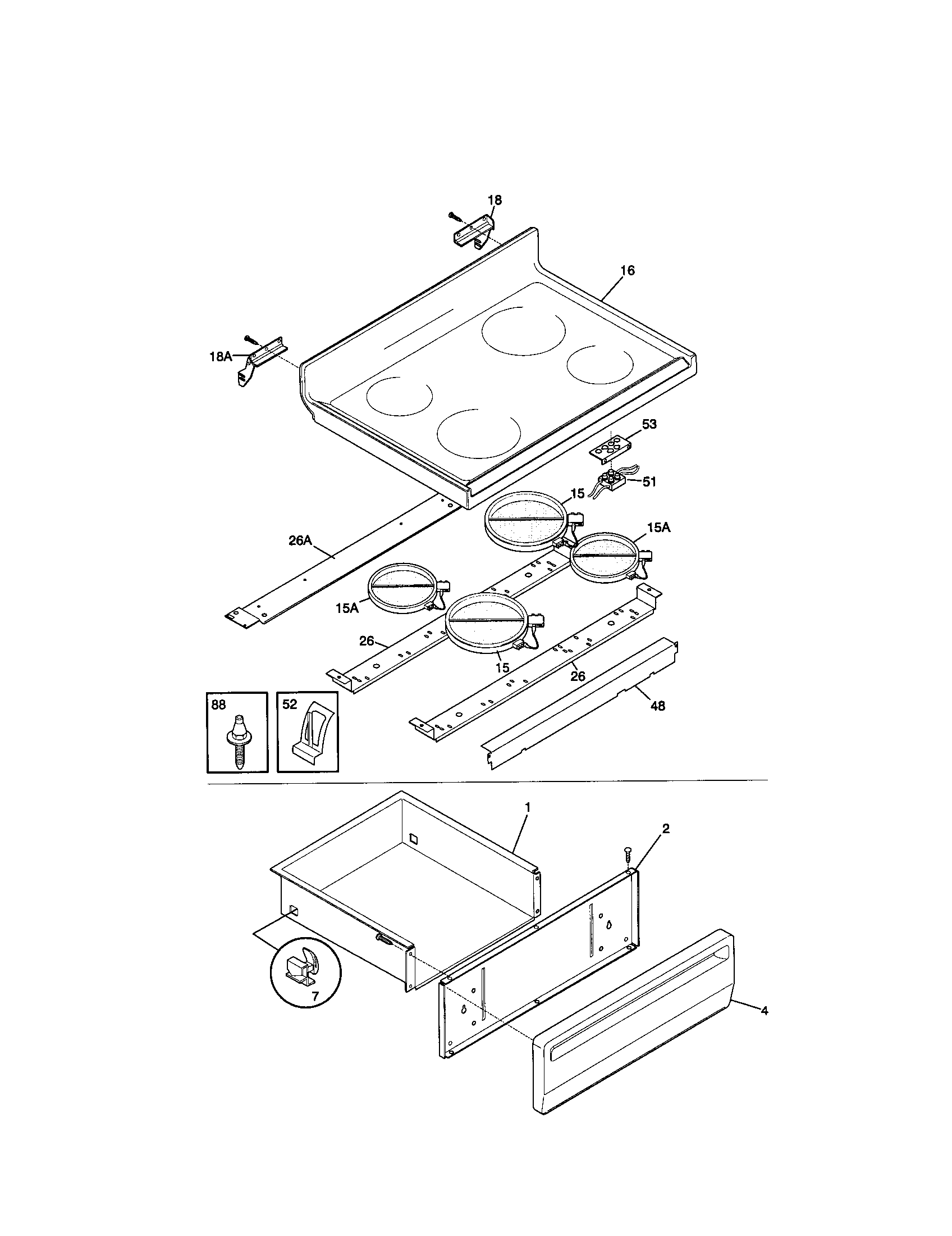 Frigidaire FEF365BGWD top/drawer diagram