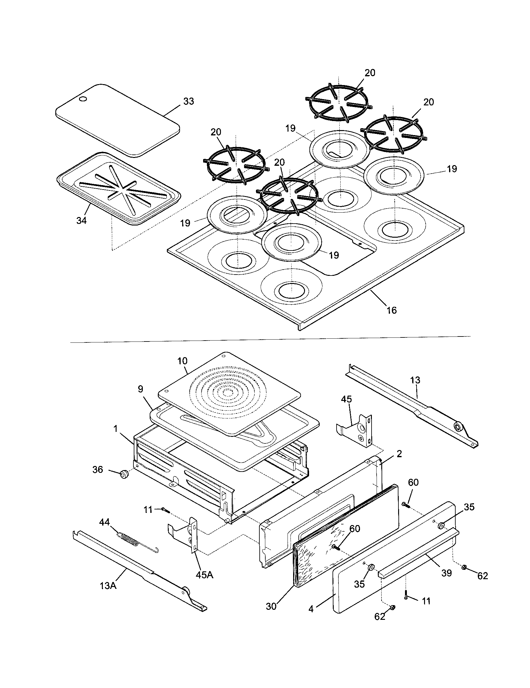 Tappan TGF605WFW5 top/drawer diagram
