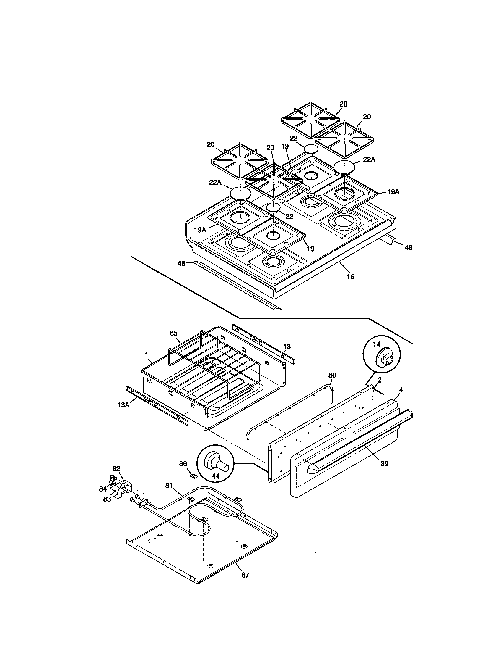 Frigidaire FGF376CETR top/drawer diagram