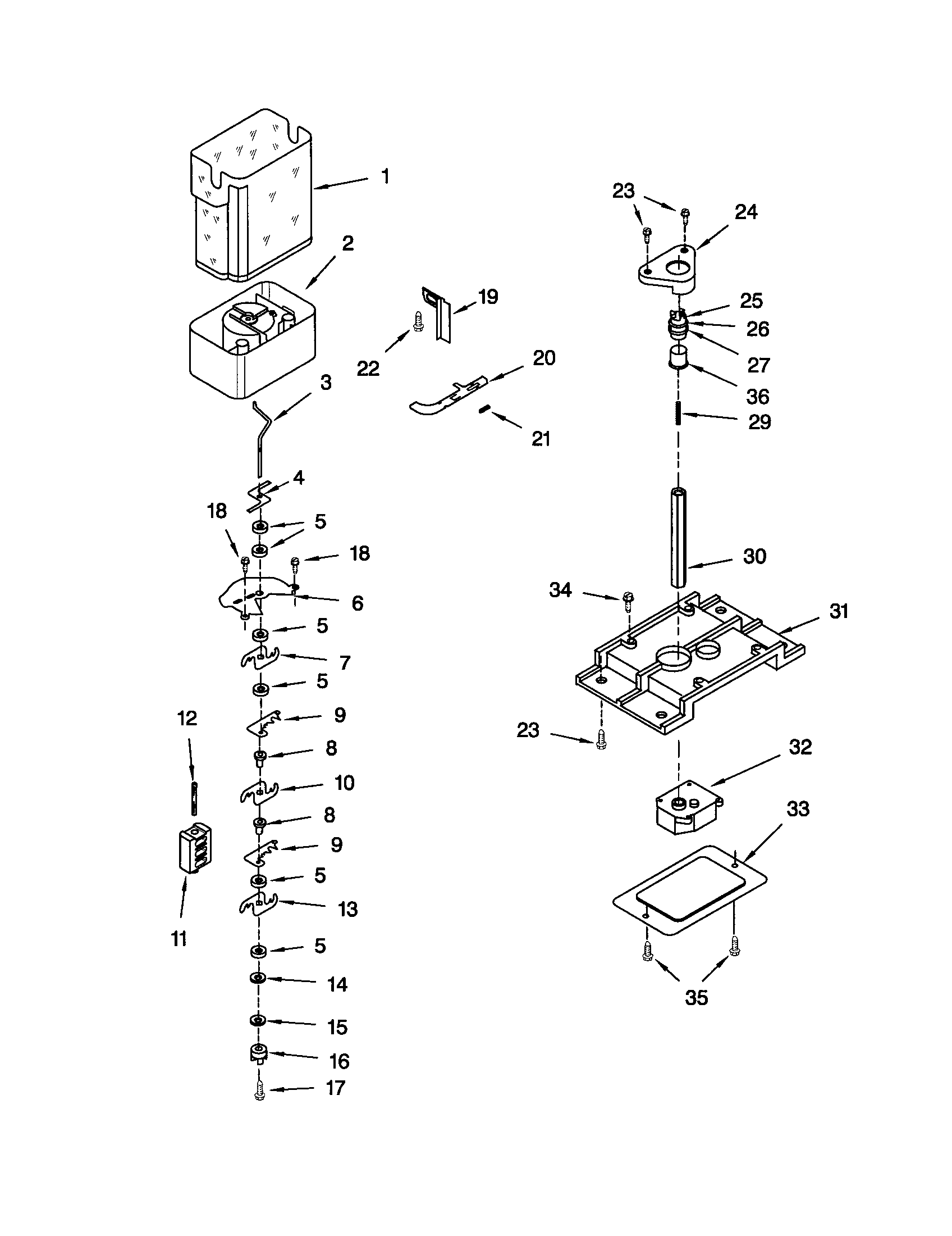 Kenmore 10653559202 motor and ice container diagram
