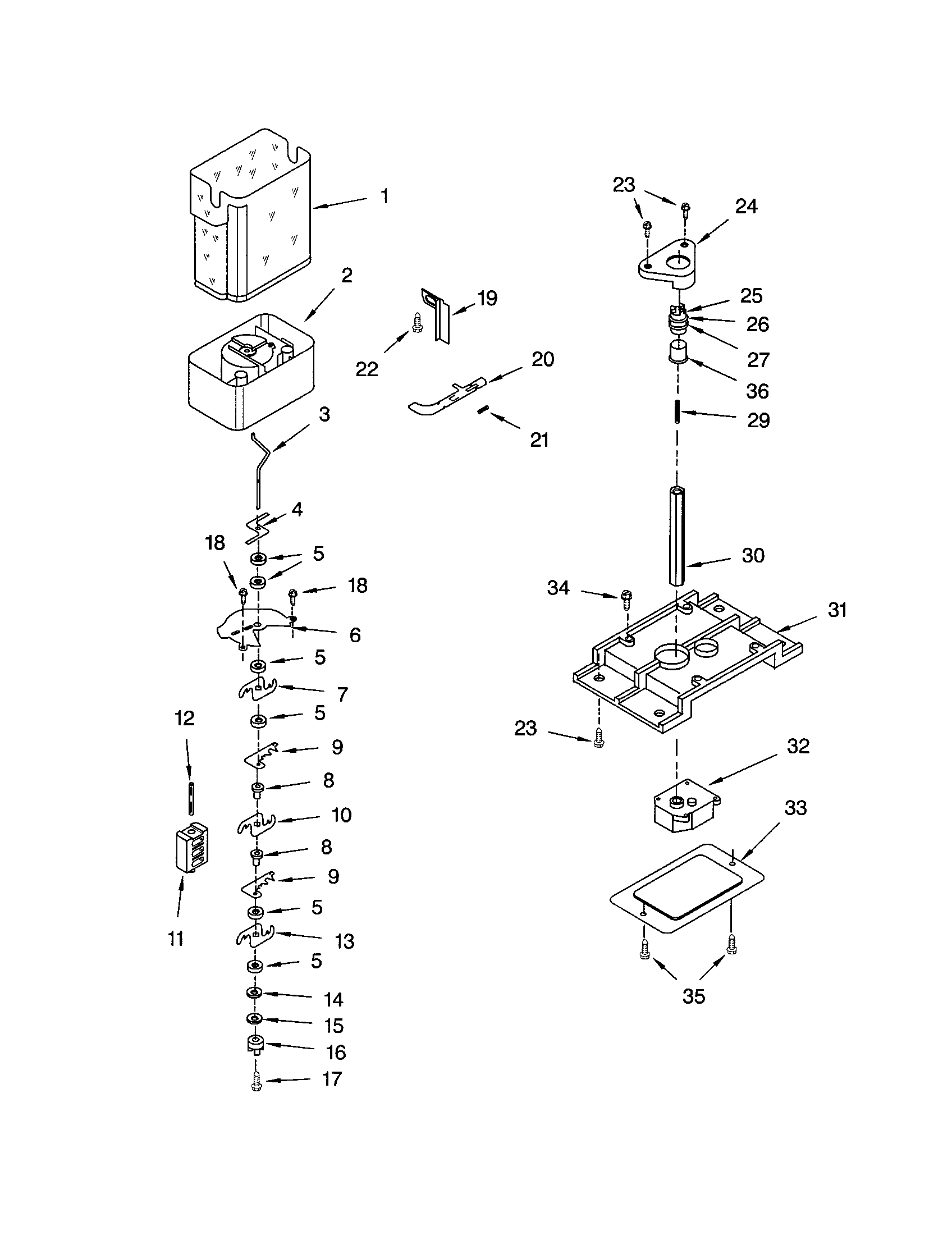Kenmore 10653569202 motor and ice container diagram